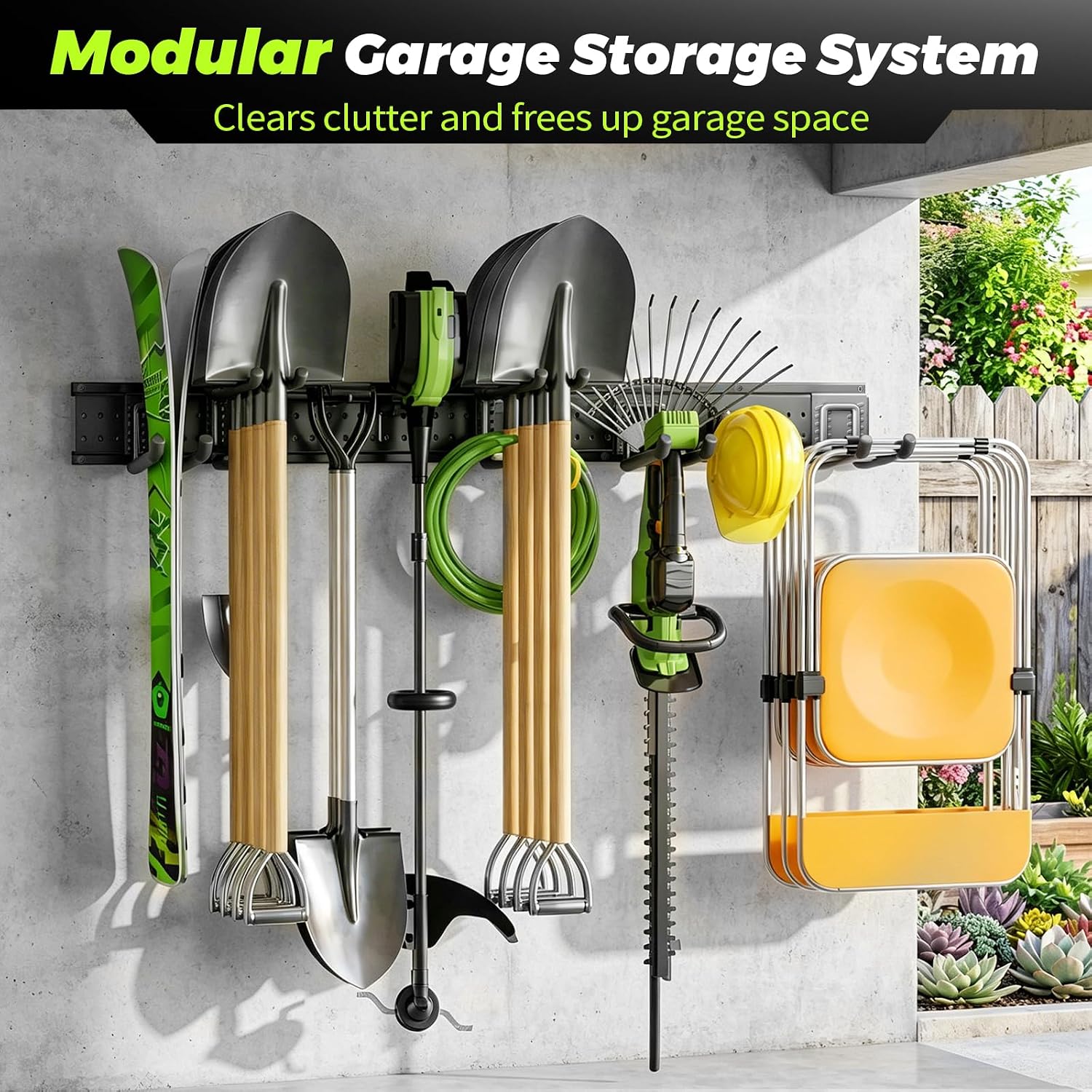 Garage Tool Organizer Wall Mount, 49.5 Inch Heavy Duty Garage Organization System with 10 Adjustable Hooks, Garden Tool