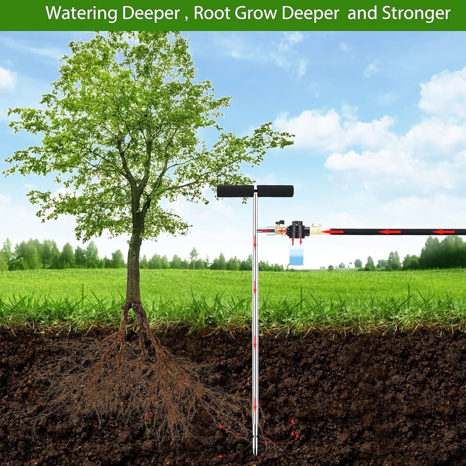 Caulimo Deep Root Watering Tool for Trees, Tree Watering Spike with Fertilizer Bottle, Stainless Steel Root Feeder for