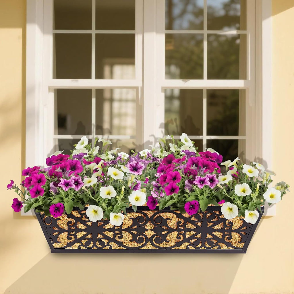 2 Pack 24 Inch Window Boxes Planters Railing Planter Box with Adjustable Brackets & Coco Liners Fabric Plant Grow Bags
