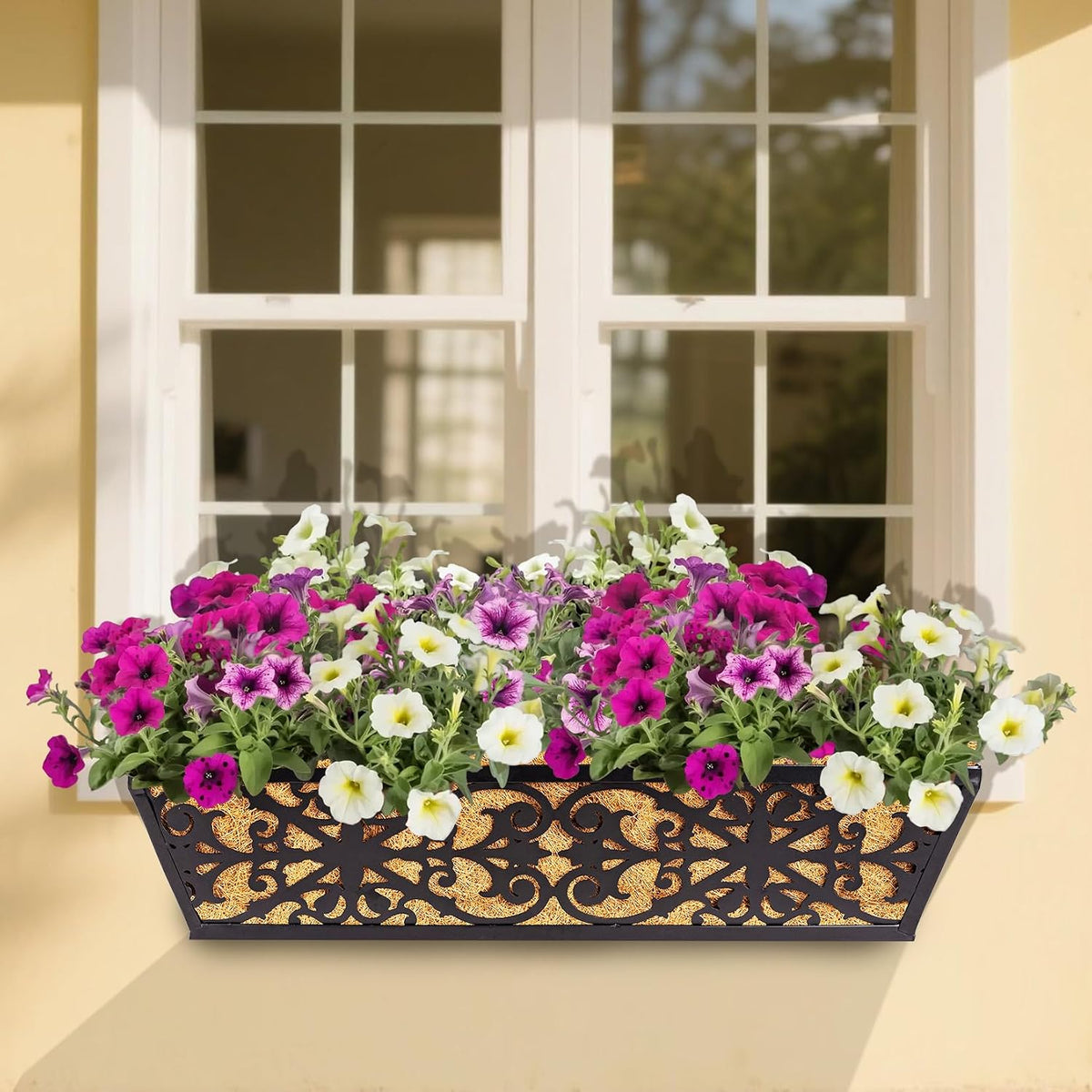 2 Pack 24 Inch Window Boxes Planters Railing Planter Box with Adjustable Brackets & Coco Liners Fabric Plant Grow Bags