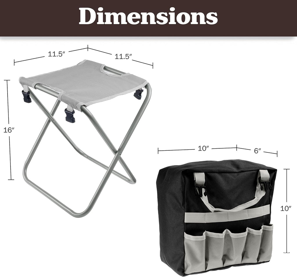 Pure Garden Folding Stool with 250lb Capacity and Garden Tools Set, Gray | Includes Detachable 7 Pocket Bag and 5