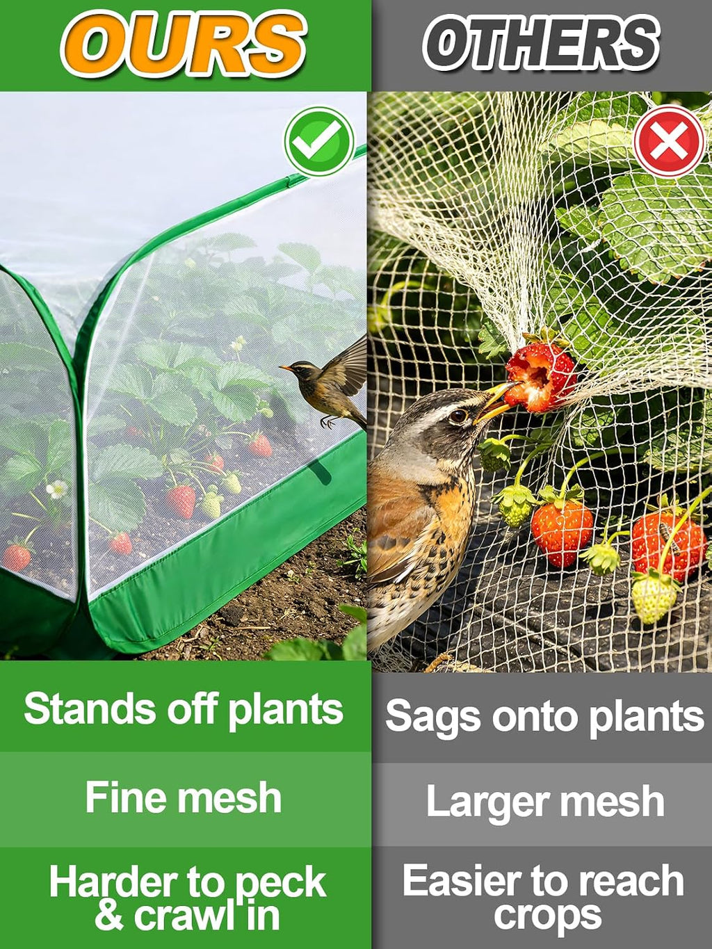Pop Up Garden Netting for Square Raised Beds, 3.3'L x 3.3'W x 1.65'H | Protection for Vegetables Fruit from Birds