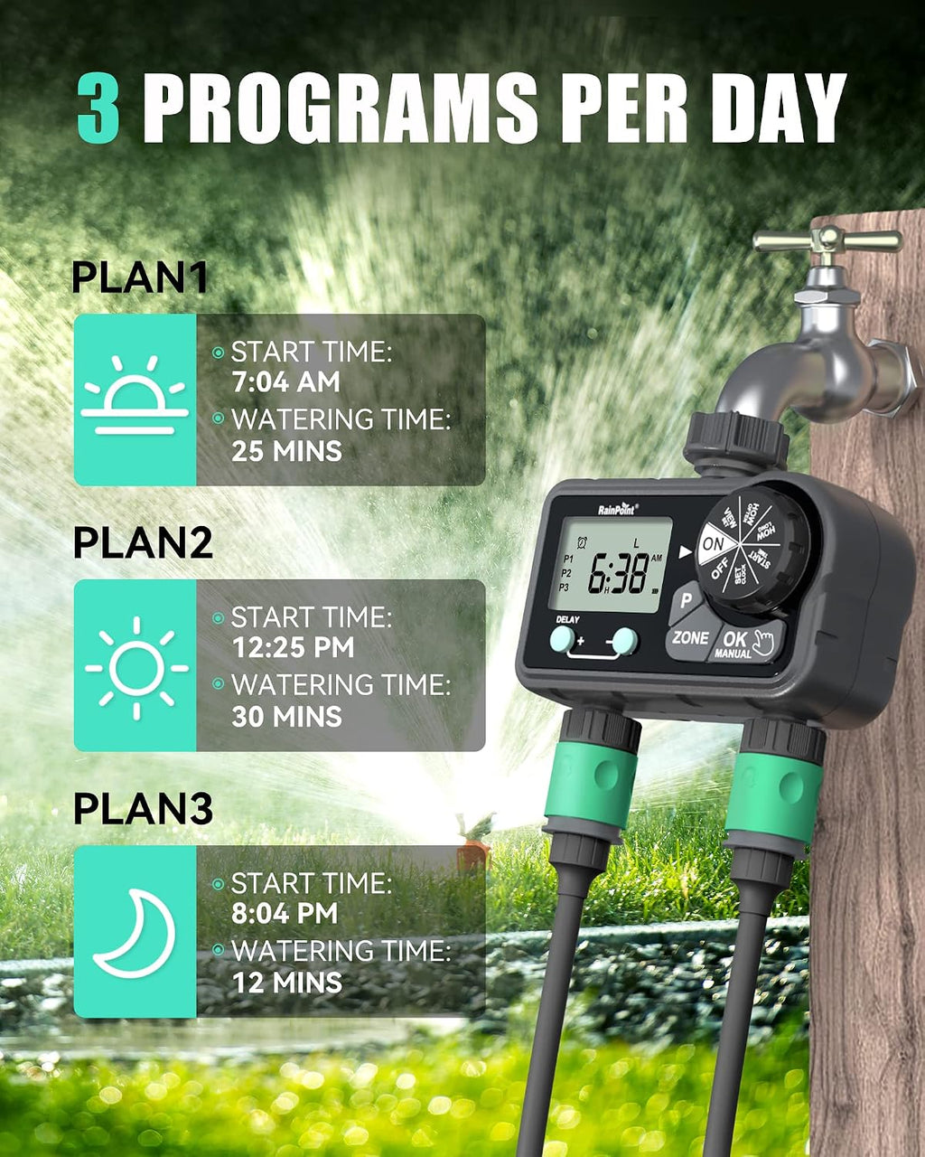 RAINPOINT Sprinkler Timer with 3 Different Programs, Hose Timer for Garden Hose with Rain Delay/Manual