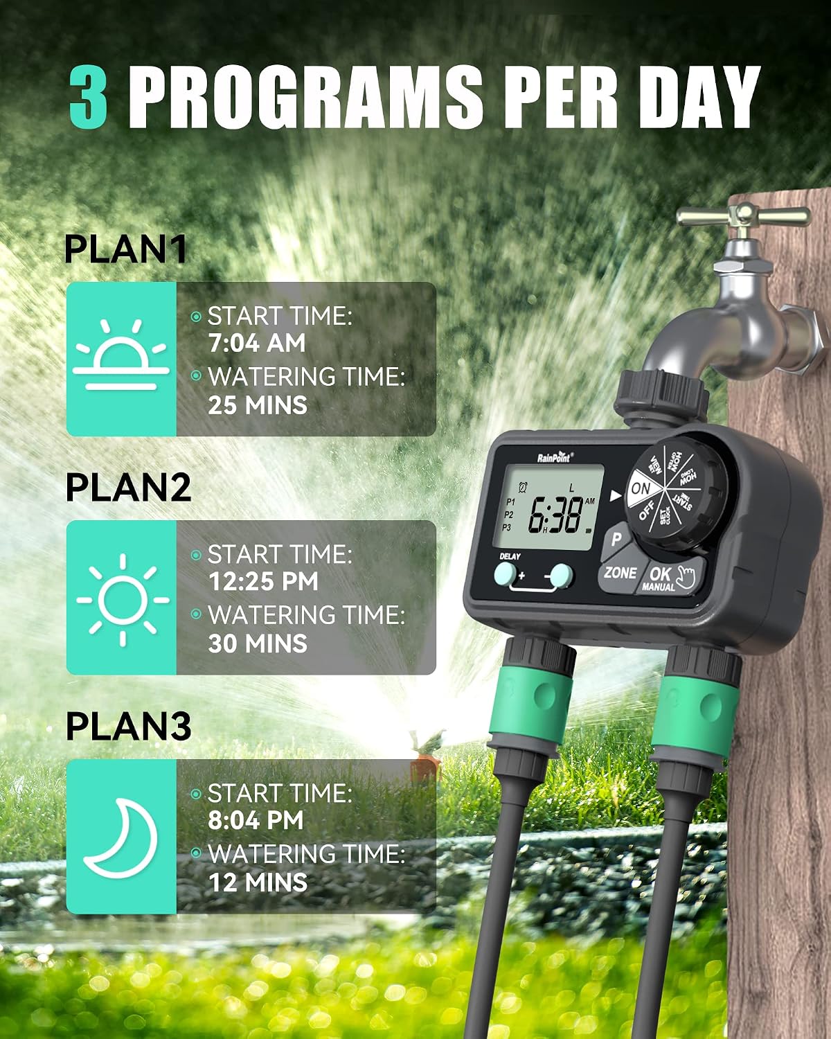 RAINPOINT Sprinkler Timer with 3 Different Programs, Hose Timer for Garden Hose with Rain Delay/Manual