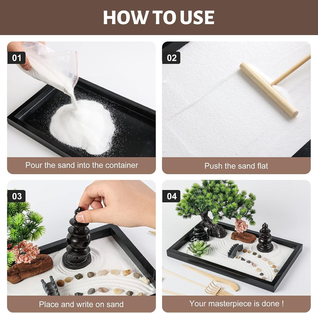 Zen Garden Kit for Desk Decor - Premium Beautiful Japanese Mini Sand Box Set Home, Office with Black Wooden Tray, White