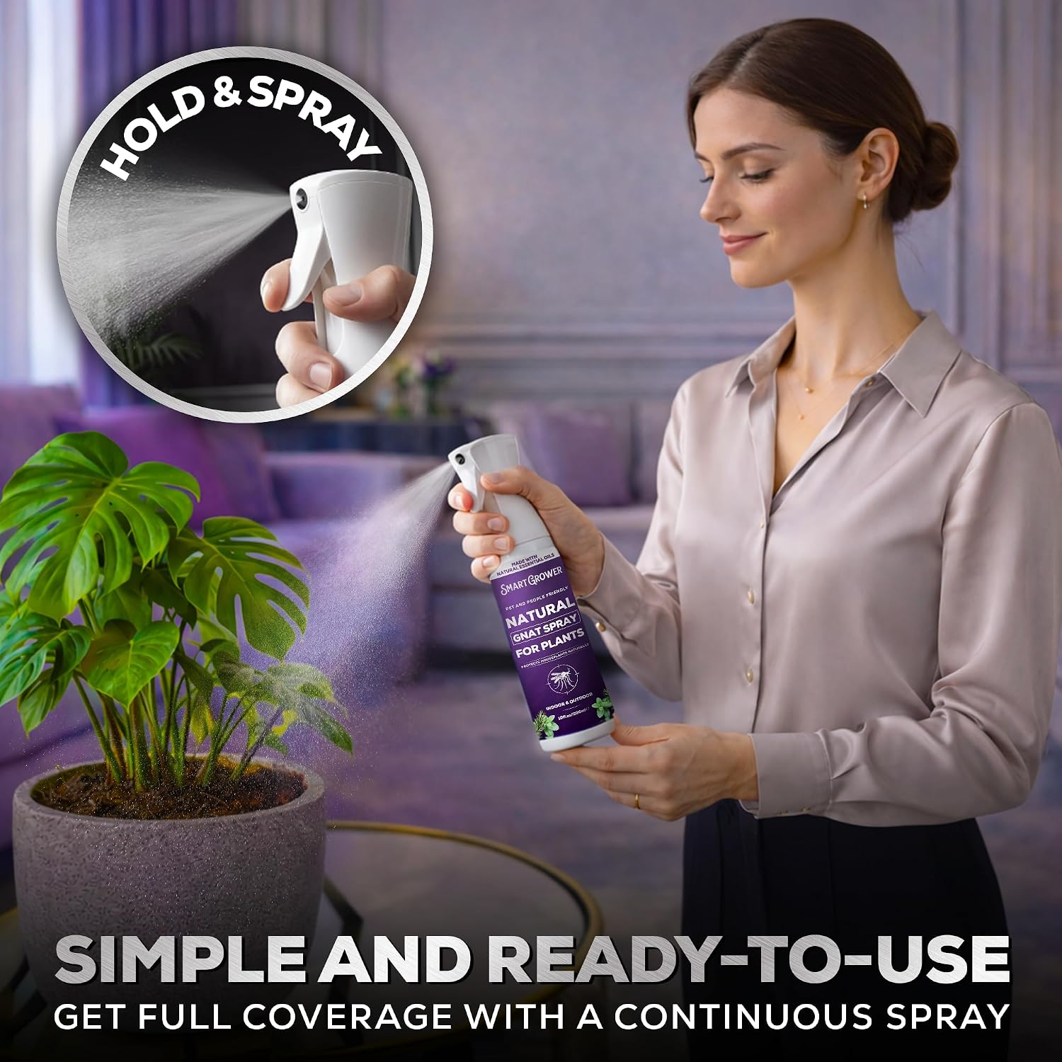 Natural Gnat Spray for Plants, Continuous Fine Mist, 10oz | Fungus Gnat Killer, Refillable, with Essential Oil Formula