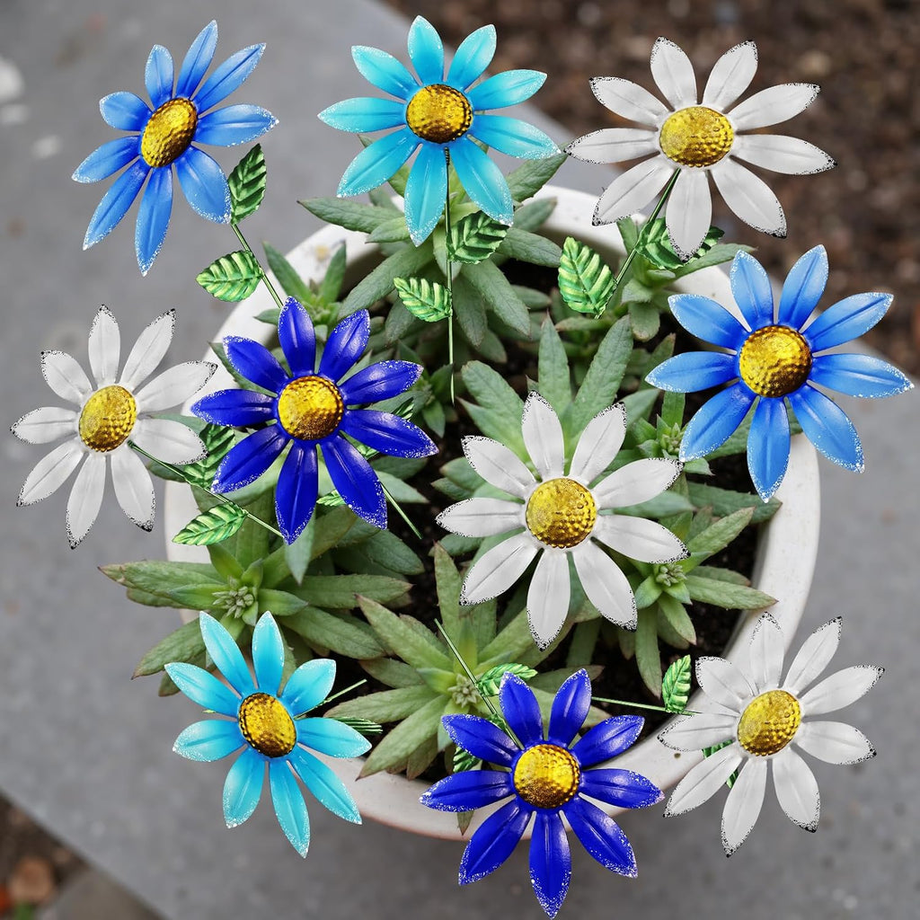 10-Pack 15.7-Inch Metal Garden Flower Stakes, Blue and White | 4.9 in wide heads with adjustable angles, for planters