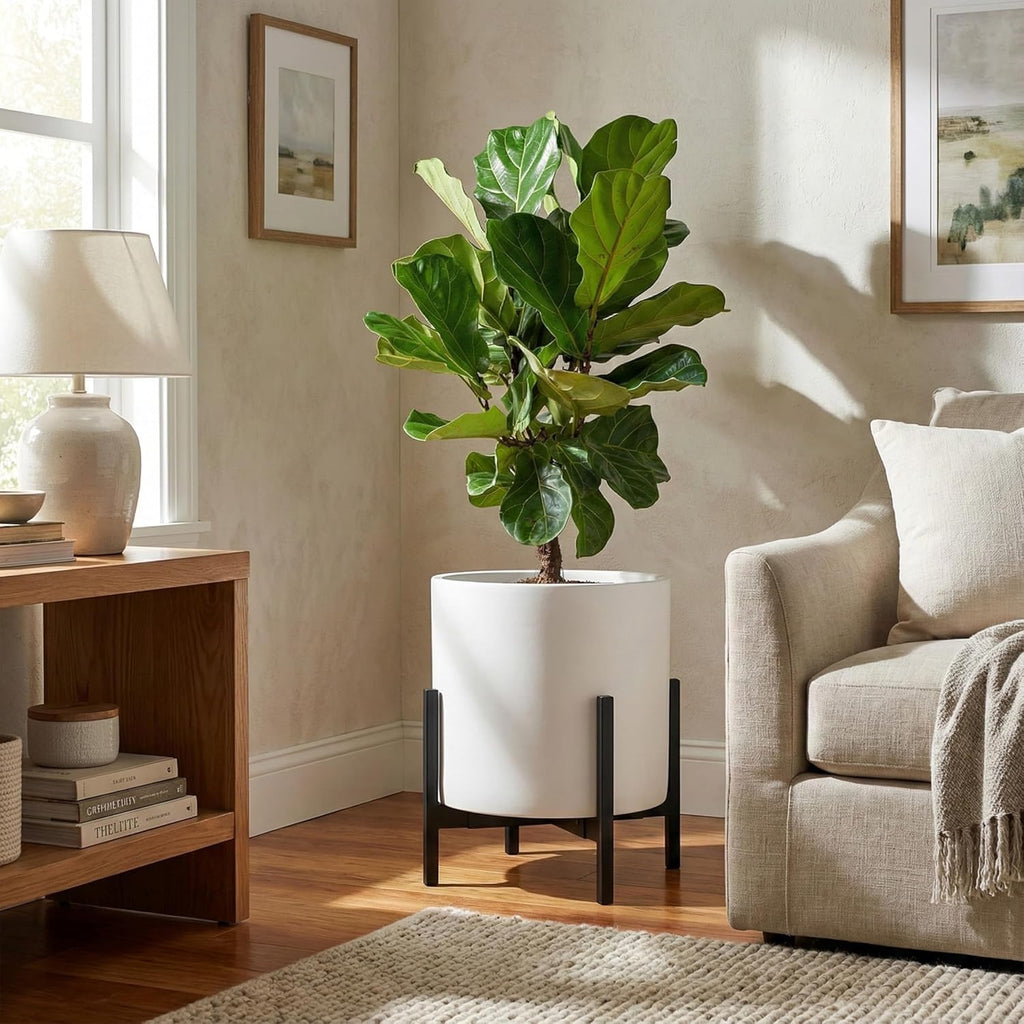 FaithLand 14 Inch Fiberstone Planter - Lightweight Modern Cylinder Plant Pot with Drainage Hole & Plug, Indoor Outdoor