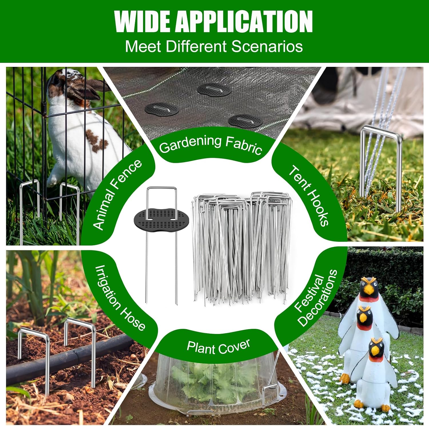 Turf Nails Set,6Inch 200pcs Galvanized Garden Staples + 200pcs Gaskets + Pick Hook + Rubber Hammer +