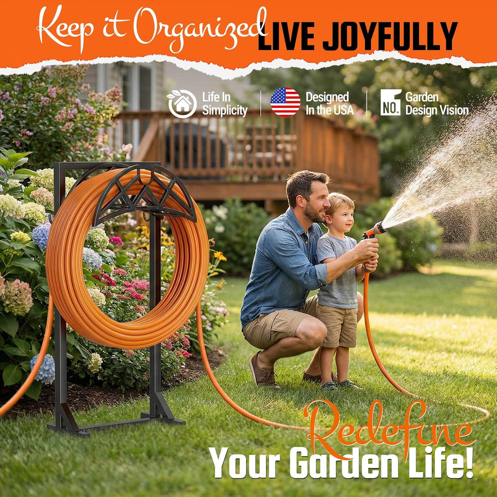 Garden Hose Reel, Heavy Duty Water Hose Holder for Outside | Freestanding Metal Hose Stand Holds Up to 150 FT, Outdoor