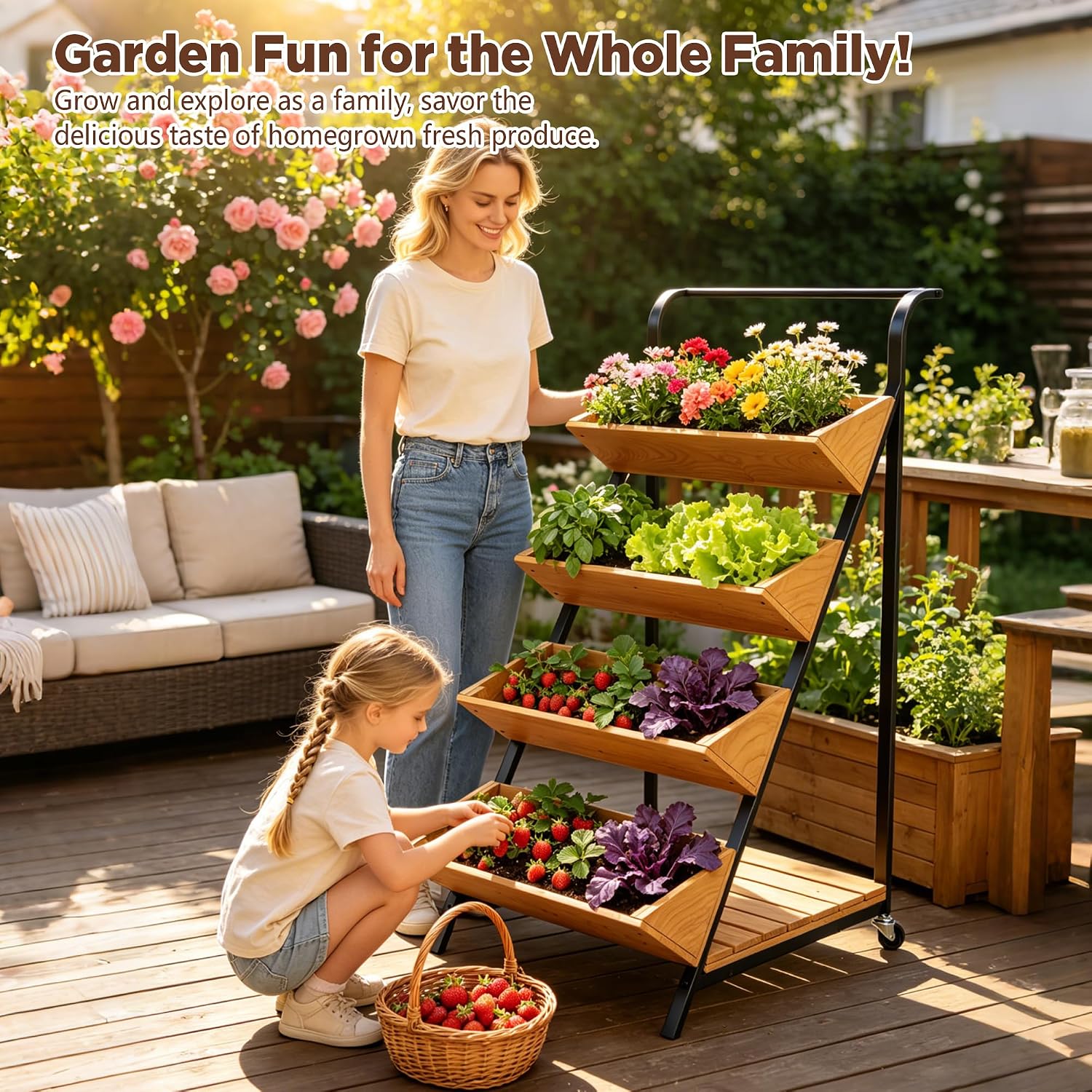 4-Tier Vertical Garden Planter Outdoor Tiered Planter on Wheels | Raised Garden Bed for Climbing Plants, Vegetables