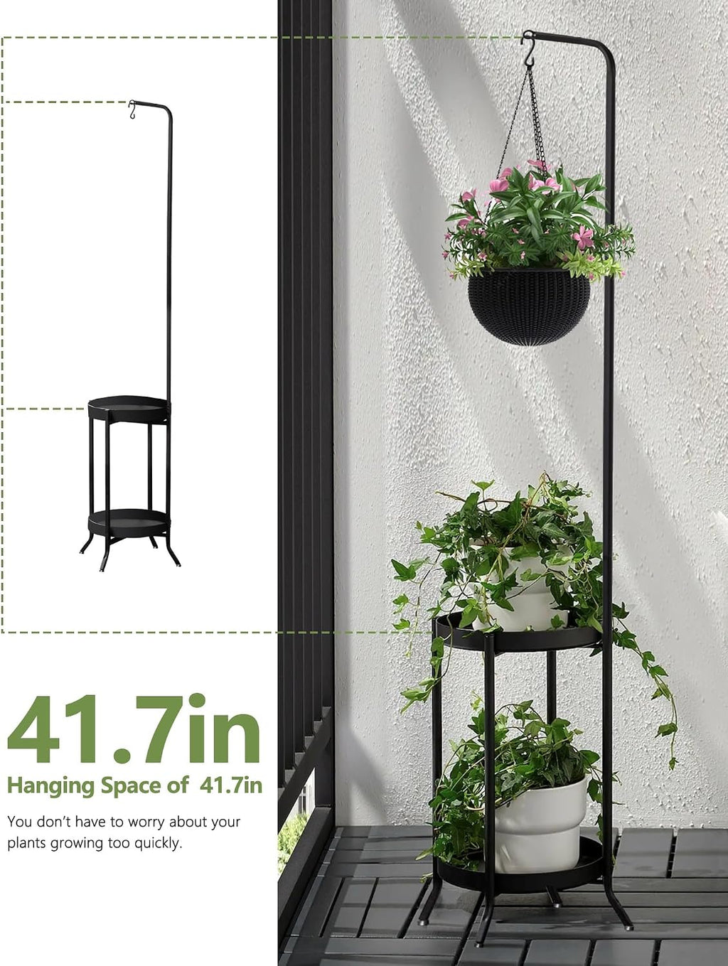 RINBOU Hanging Plant Stand Indoor Outdoor, Space-Saving Corner Metal Plant Shelf 3 Potted Flower Pot Stand, 2 Tier 61"