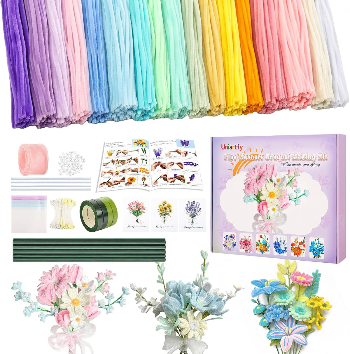 Pipe Cleaner Flower Kit, 700 PCS Chenille Stems in 7 Colors, Tools Included