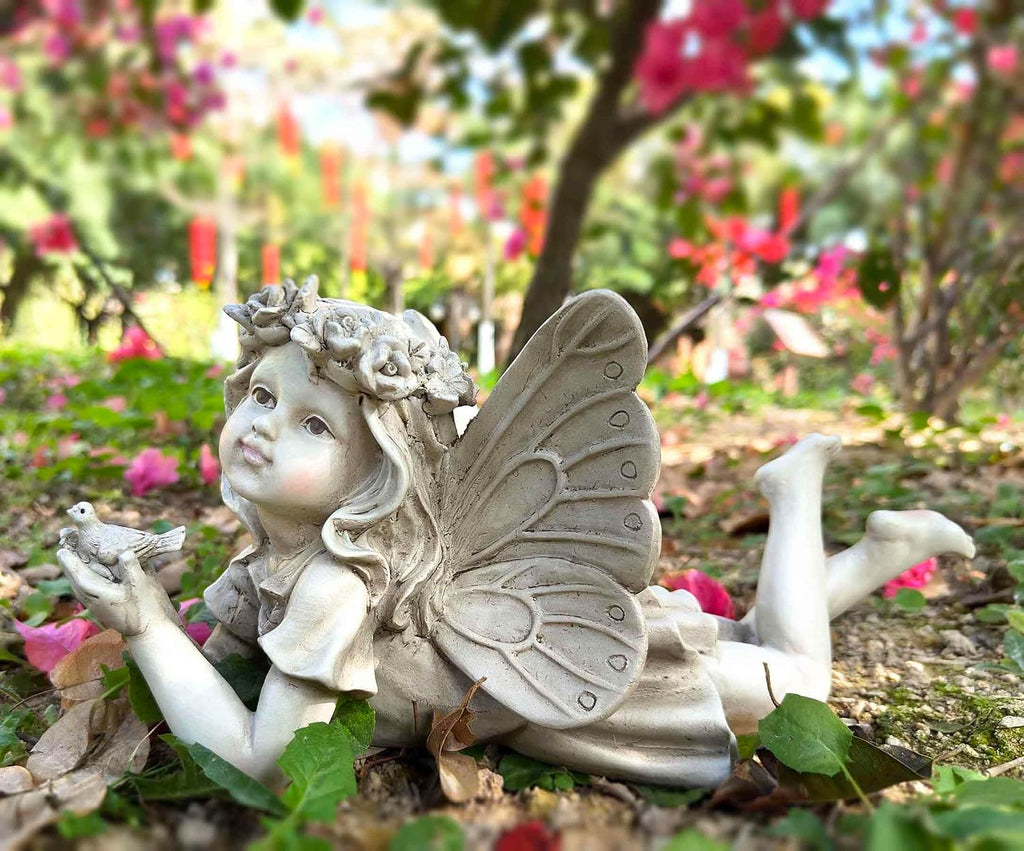 MeritMode Fairy Flower Garden Outdoor Statue - Angel Holding Bird | Hand-Painted Resin, Outdoor Angel Figurine , Flower