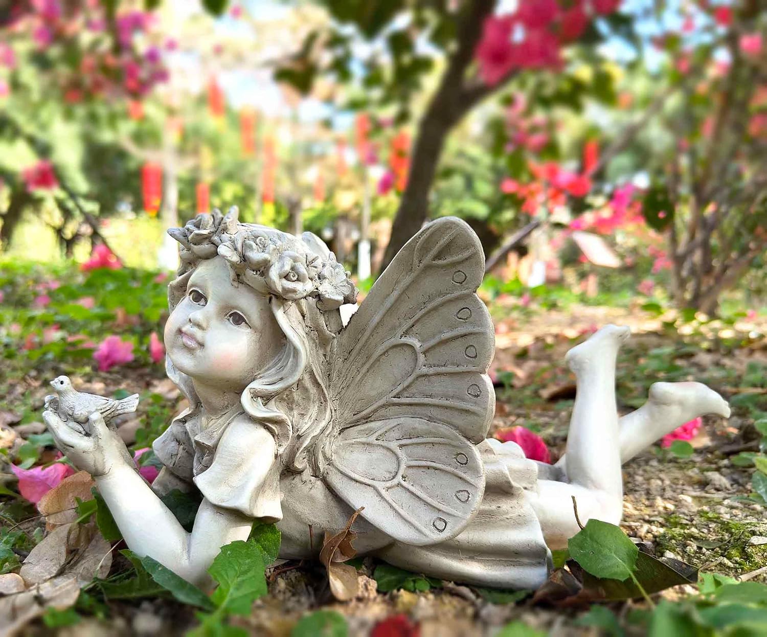 MeritMode Fairy Flower Garden Outdoor Statue - Angel Holding Bird | Hand-Painted Resin, Outdoor Angel Figurine , Flower