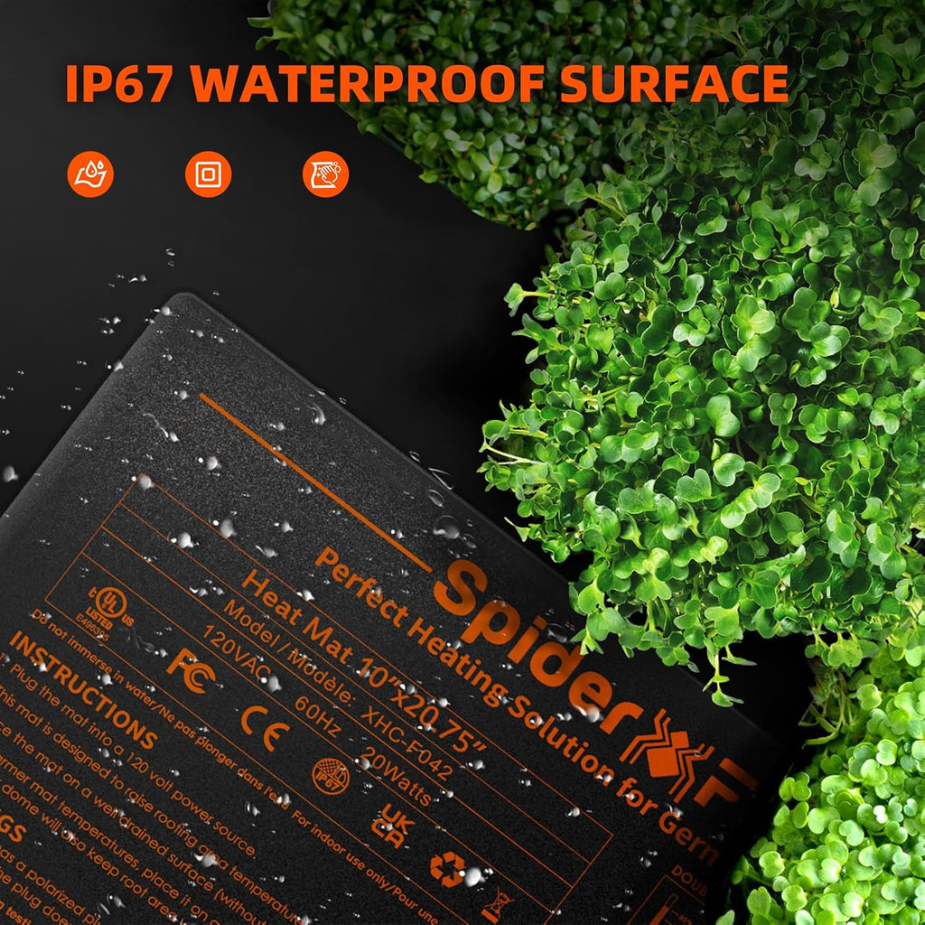 Spider Farmer 10"x20.75" Seedling Heat Mat with Built-in Thermostat | Fast & Uniform Heating, MET & UL Certified, IP67