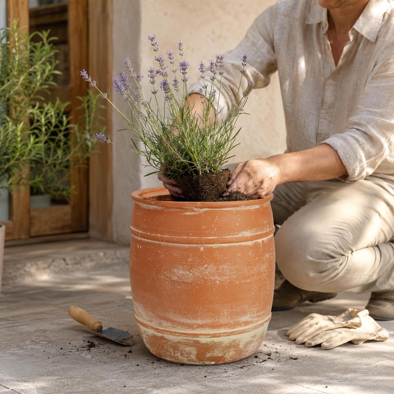 11"H x 9.5" Dia Aged Terracotta Clay Planter Pot with Drainage Hole, Rustic Farmhouse Style Flower Pot with Distressed