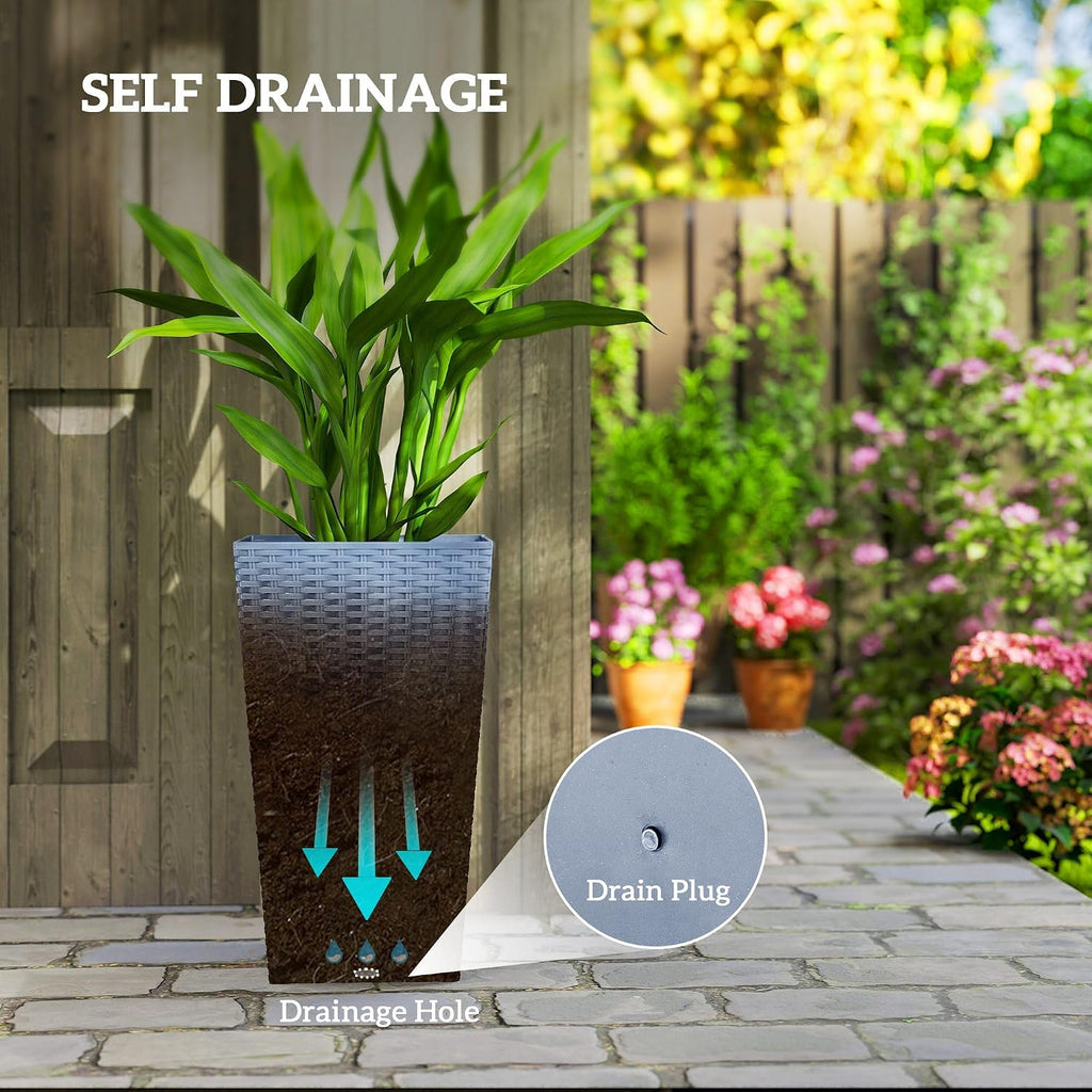 Outsunny 24 in Taper Tall Planters for Outdoor Plants Set of 3, Light Gray | with Drainage Holes, Rattan Decor Plant