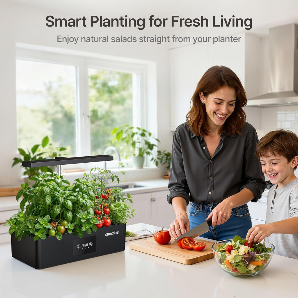 Hydroponics Growing System Kit with 24W Dimmable LED Light, Black | 12 Pods Indoor Herb Garden with Timer & Local Time