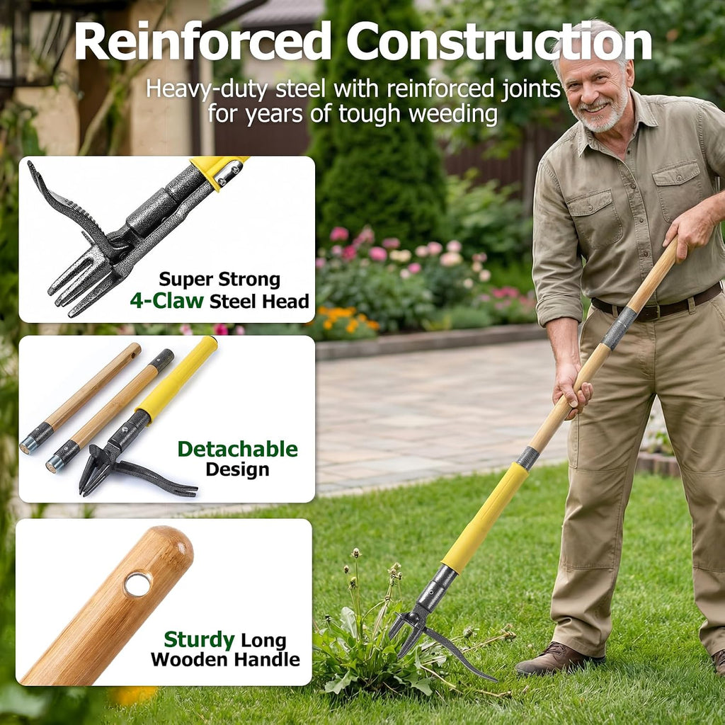 Stand Up Weed Puller Tool with Slide-Release System, Effortless Weeder for Lawn & Garden, 3-Section Wood Handle for