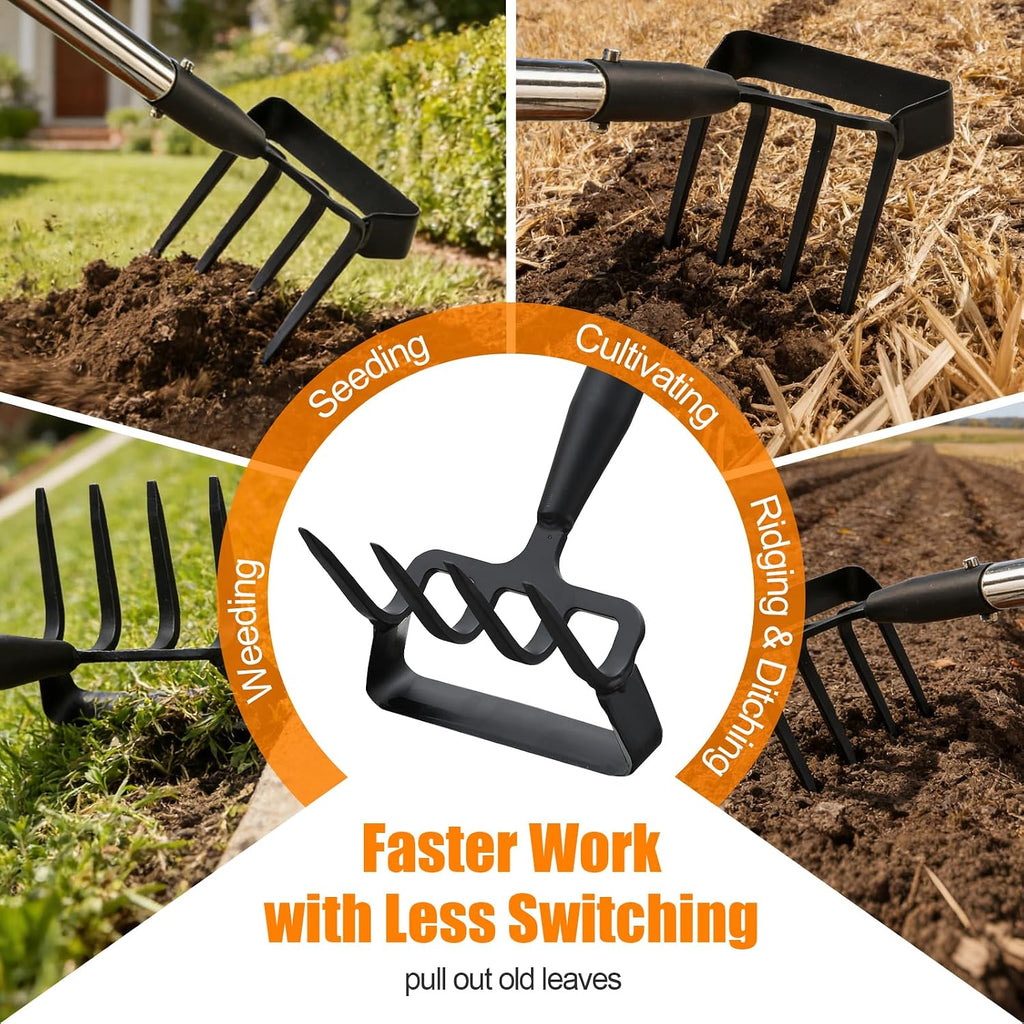 2-in-1 Heavy Duty Garden Hoe with 60" Adjustable Handle, Stirrup Hoe & Cultivator Weeding Rake - Lightweight Gardening