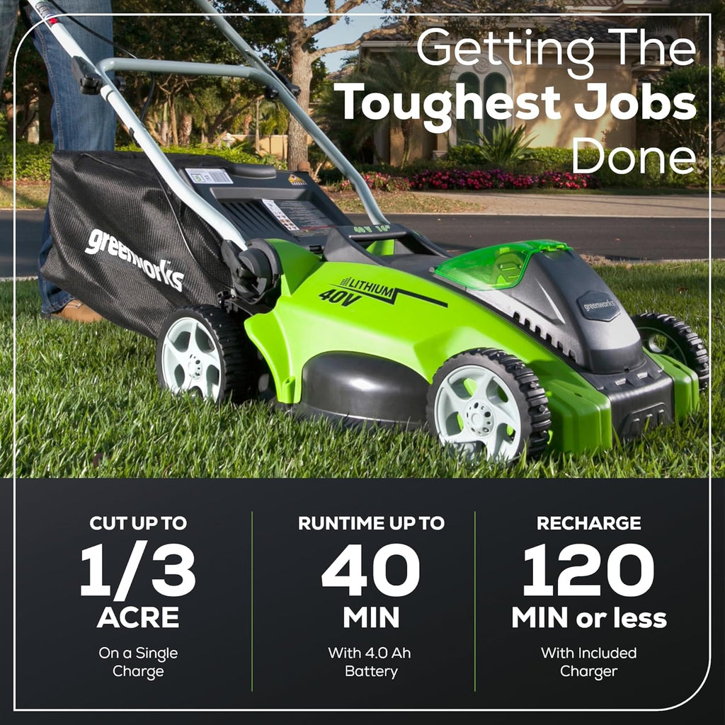 Greenworks 40V 16 in Push Lawn Mower, 4.0 Ah Battery and Charger