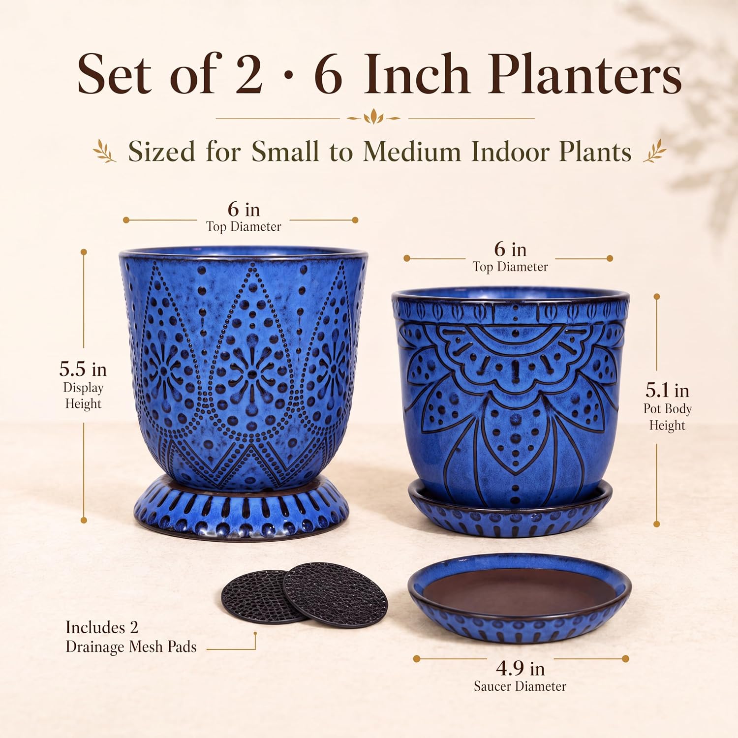 Gepege Ceramic Plant Pots, 6 Inch Indoor Planters with Drainage & Saucers | Ceramic pots for plants with drainage