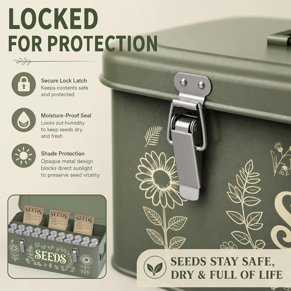 Metal Seed Storage Organizer, 4 Compartment Locking Seed Saving Box | Includes 30 Bottles & Envelopes, Dark Green