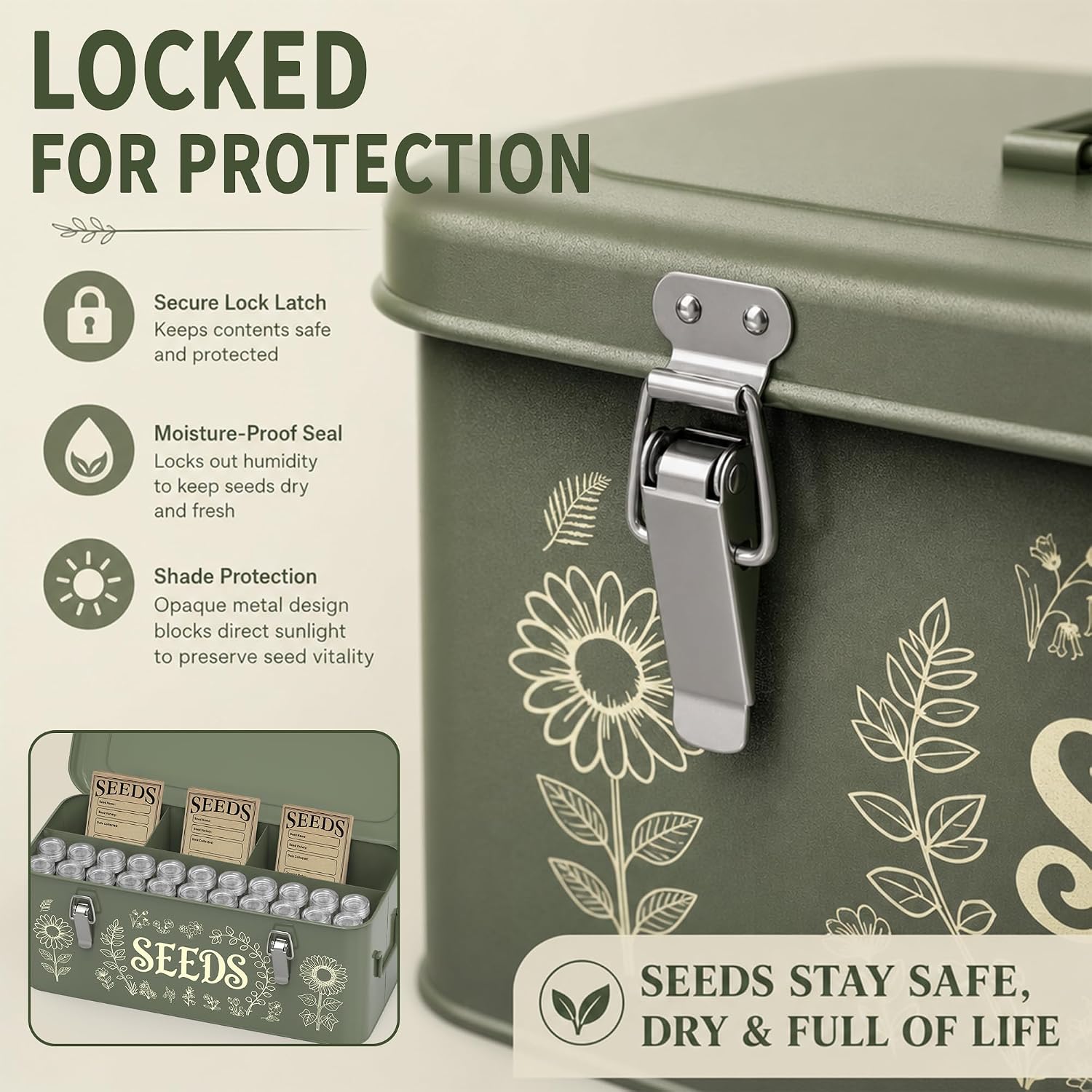 Metal Seed Storage Organizer, 4 Compartment Locking Seed Saving Box | Includes 30 Bottles & Envelopes, Dark Green