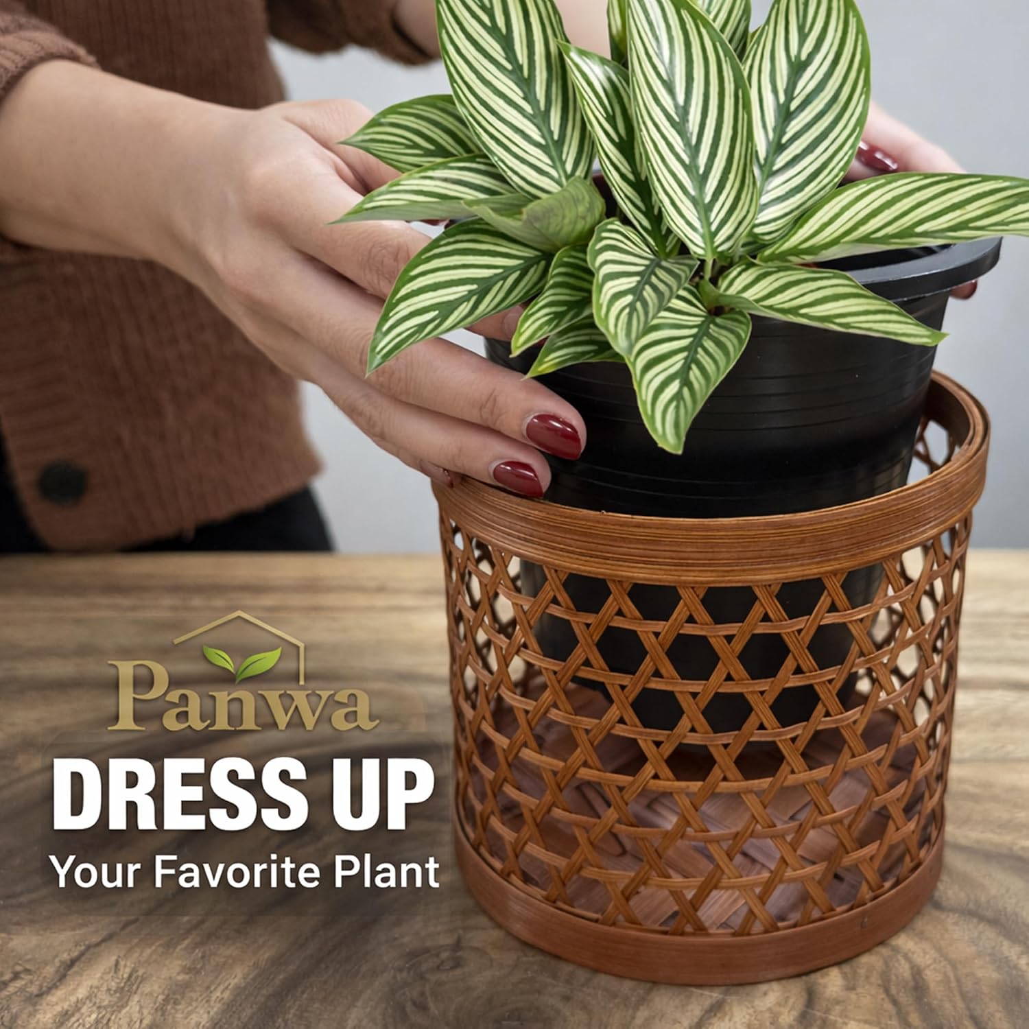 Handcrafted Bamboo Tabletop Decorative Plant Pot Covers - Multi Set of 3 – for Indoor Plants, Orchids, Succulents –