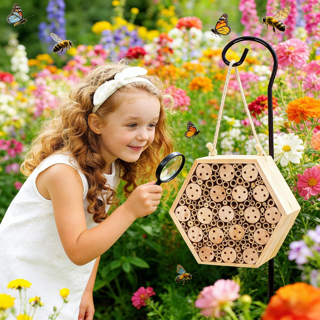 Mason Bee House, Natural Wooden Hexagon Bee House with Metal Stake & Cleaning Brush, Hanging Bees Box Habitat to