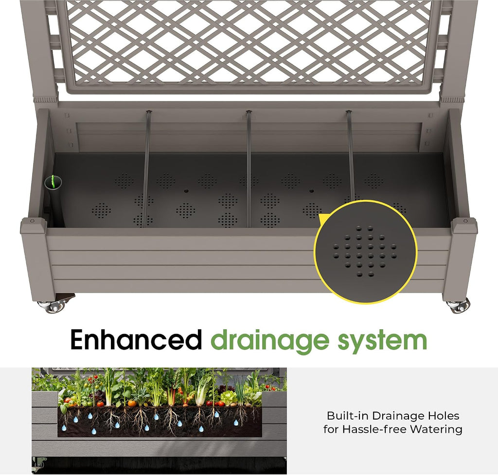 Fancyango Raised Garden Bed with Wheels 61.2" H -Gray | Resin Elevated Garden Planter Box with Trellis, Outdoor Planter