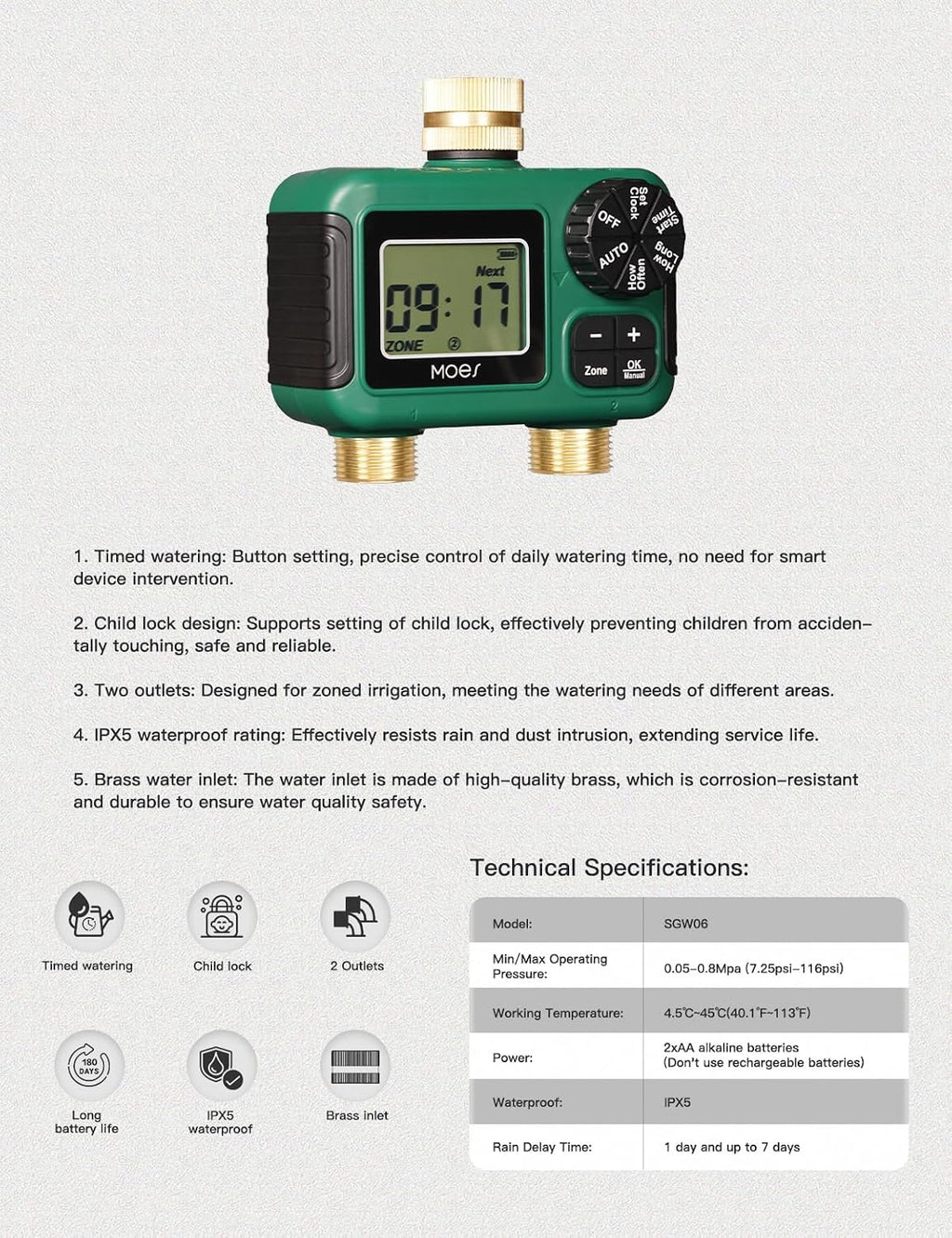 MOES 2 Zone Sprinkler Timer for Garden Hose,Brass Inlet &Outlet Water Timer | Programmable Automatic Irrigation