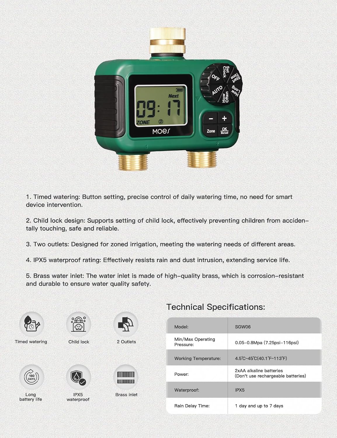 MOES 2 Zone Sprinkler Timer for Garden Hose,Brass Inlet &Outlet Water Timer | Programmable Automatic Irrigation