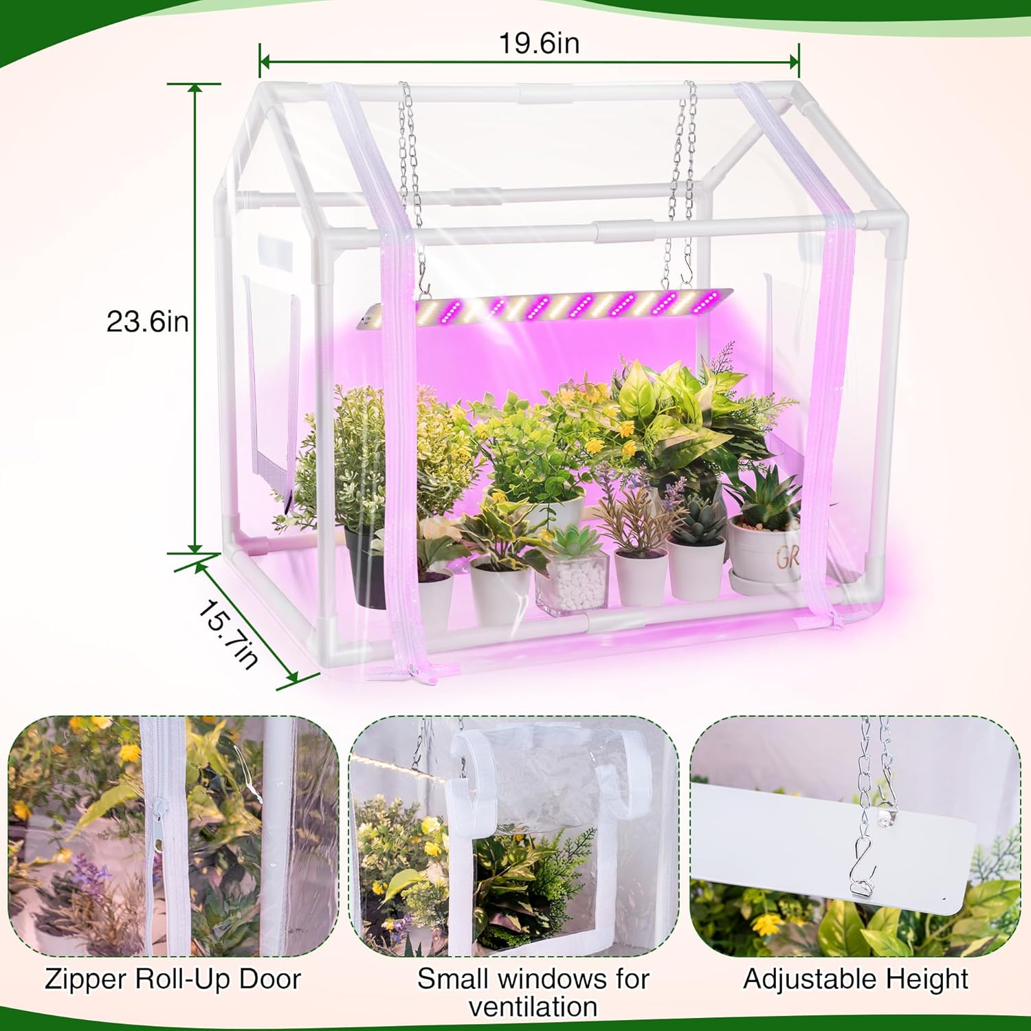 Meonum Mini Greenhouse for Indoor Outdoor, Portable Green House with 15W Plant Dimmable LED Grow Lights, Timer, 3 Light