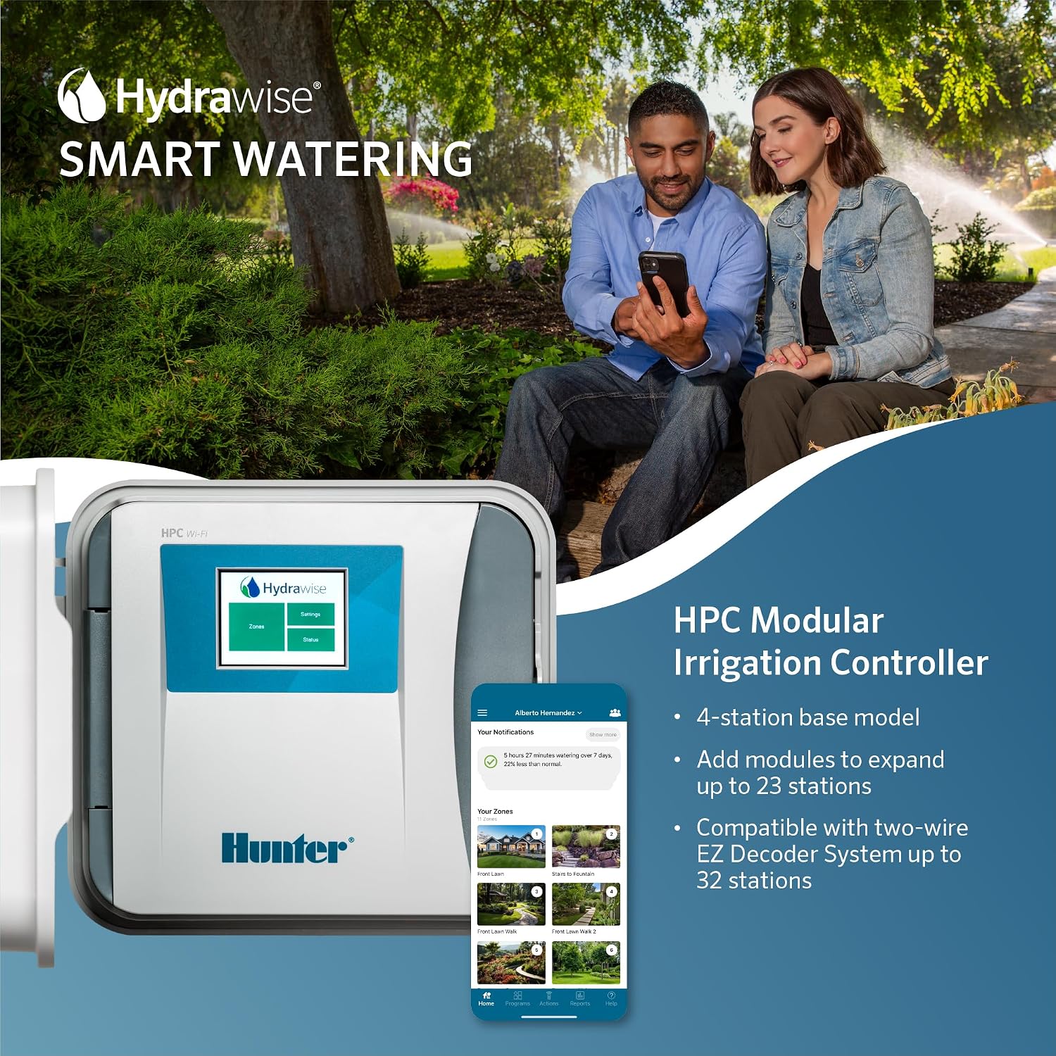 Hunter HPC400 Sprinkler Controller, 4 Zone, WiFi Smart Sprinkler Timer | Indoor/outdoor 4 station irrigation controller
