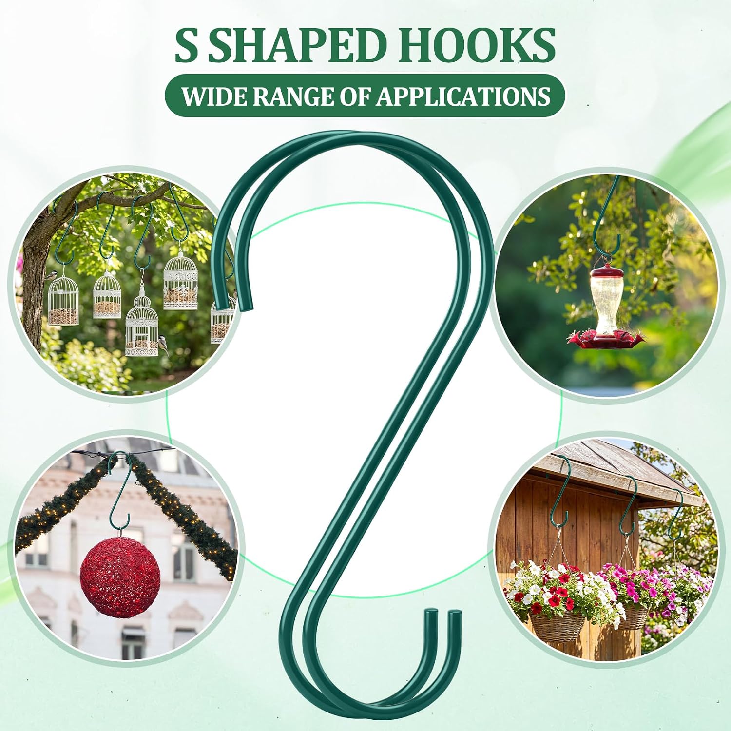 24 Pack 12 Inch Large S Hooks for Hanging Plants, Heavy Duty Green Metal Hangers for Pergola Garage Organization Bird