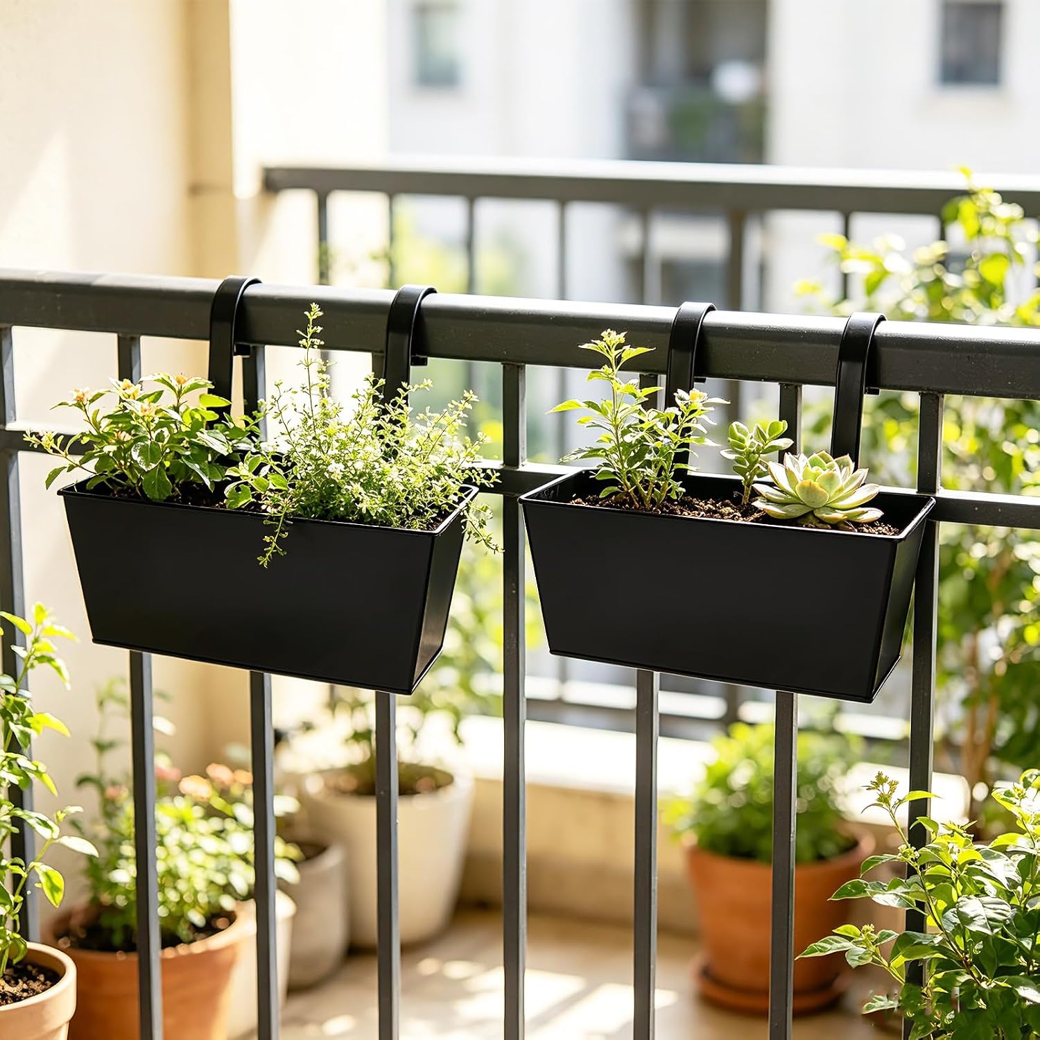 6 Pack 12" Outdoor Metal Balcony Fence Railing Planters, Rectangular Black | Detachable hooks, Drainage holes