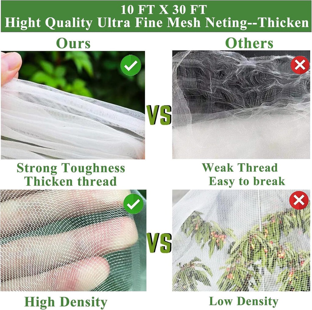 Garden Mesh Netting Kit, Plant Covers 10x30Ft Ultra Fine Mesh Netting & 6Pcs Garden Hoops &18 Clip, Garden Netting Kit