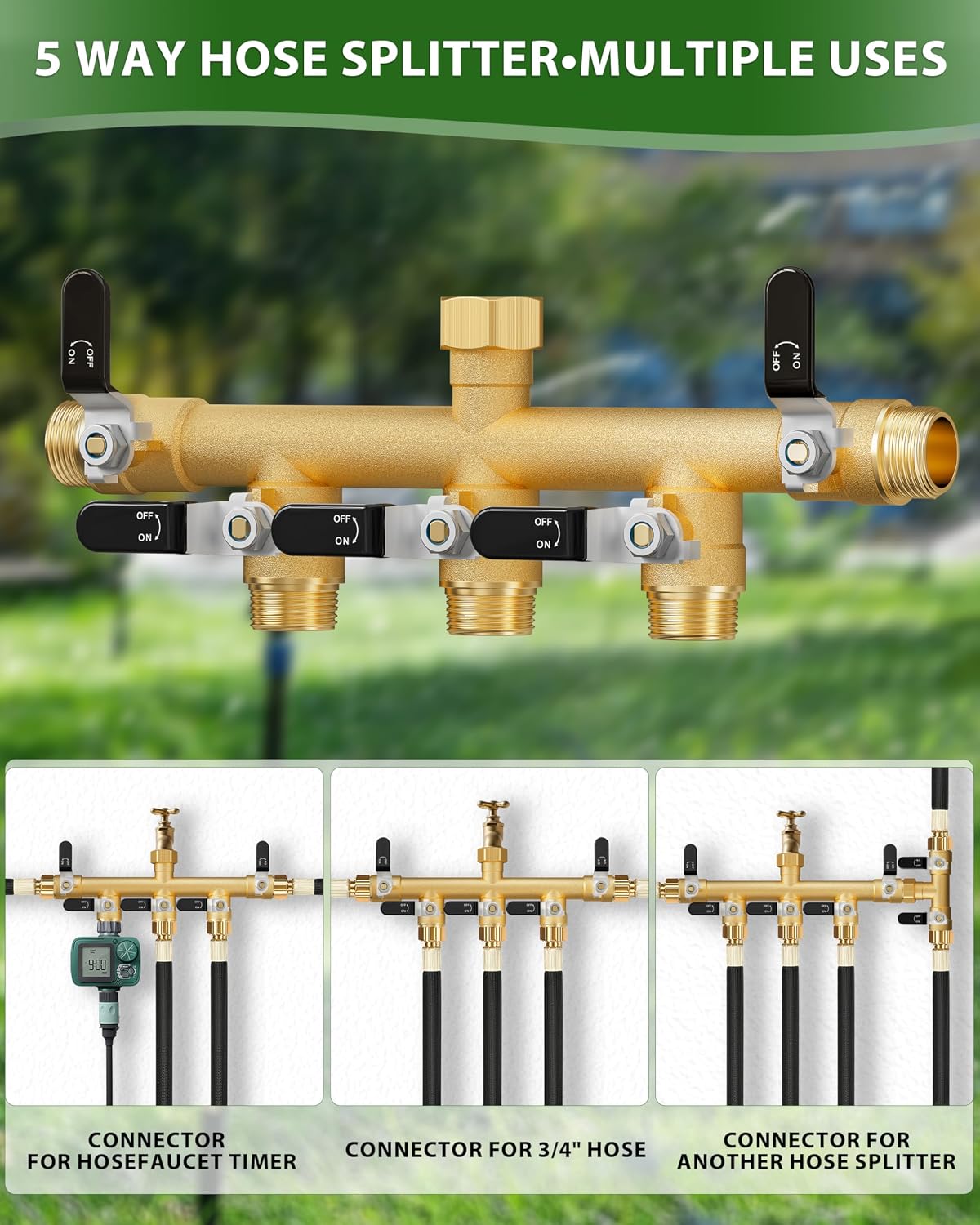 Garden Hose Splitter, 5 Way Heavy Duty Brass hose splitter, Water Hose Bib Spigot Splitter with 0.59" Full Flow Ball