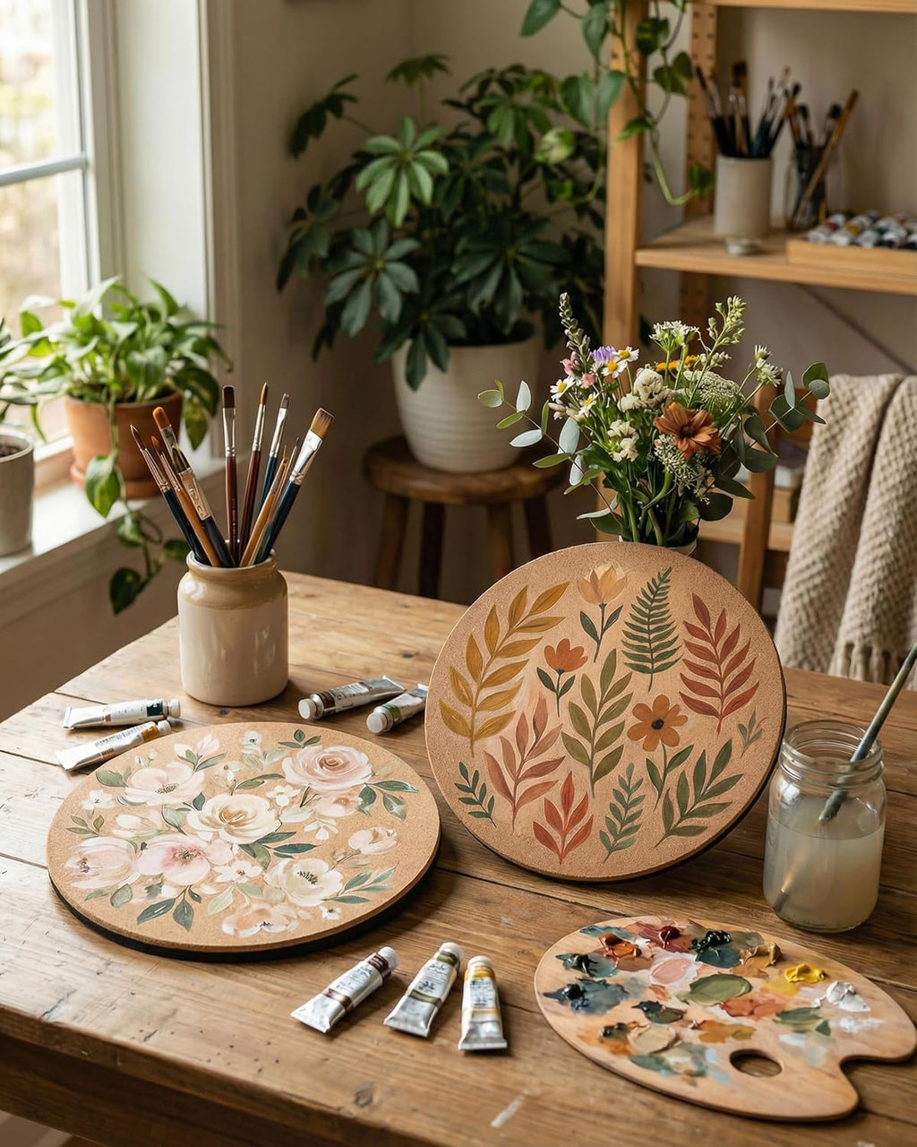 Cork Plant Coasters & Saucers – Absorbent Round Mats for Indoor Flower Pots, Planters, Houseplants, Surface Protector