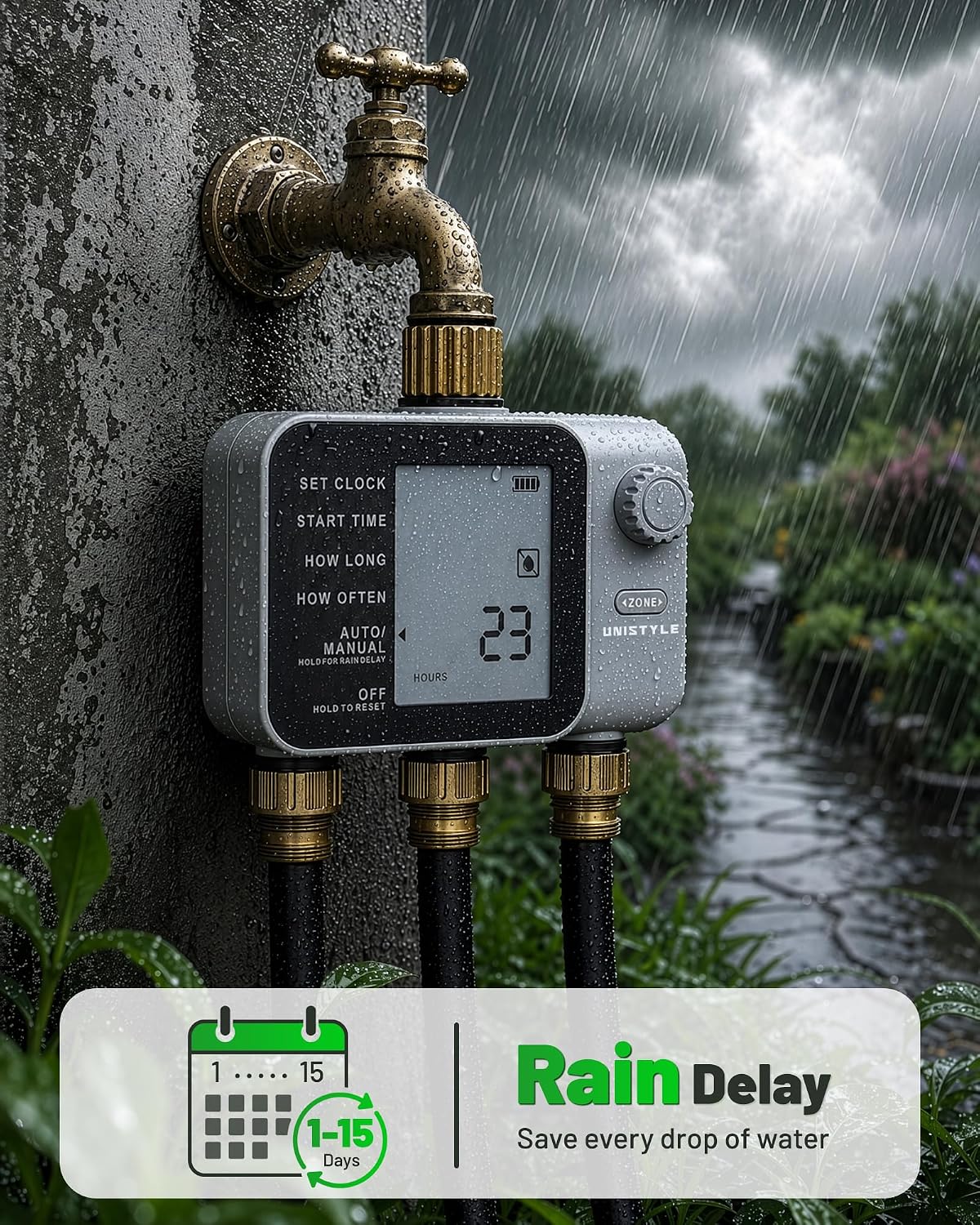 [All-New 2027] 3 Zone Sprinkler Timer with Brass Inlet, Unistyle Water Timer for Garden Hose with Rain Delay/Manual