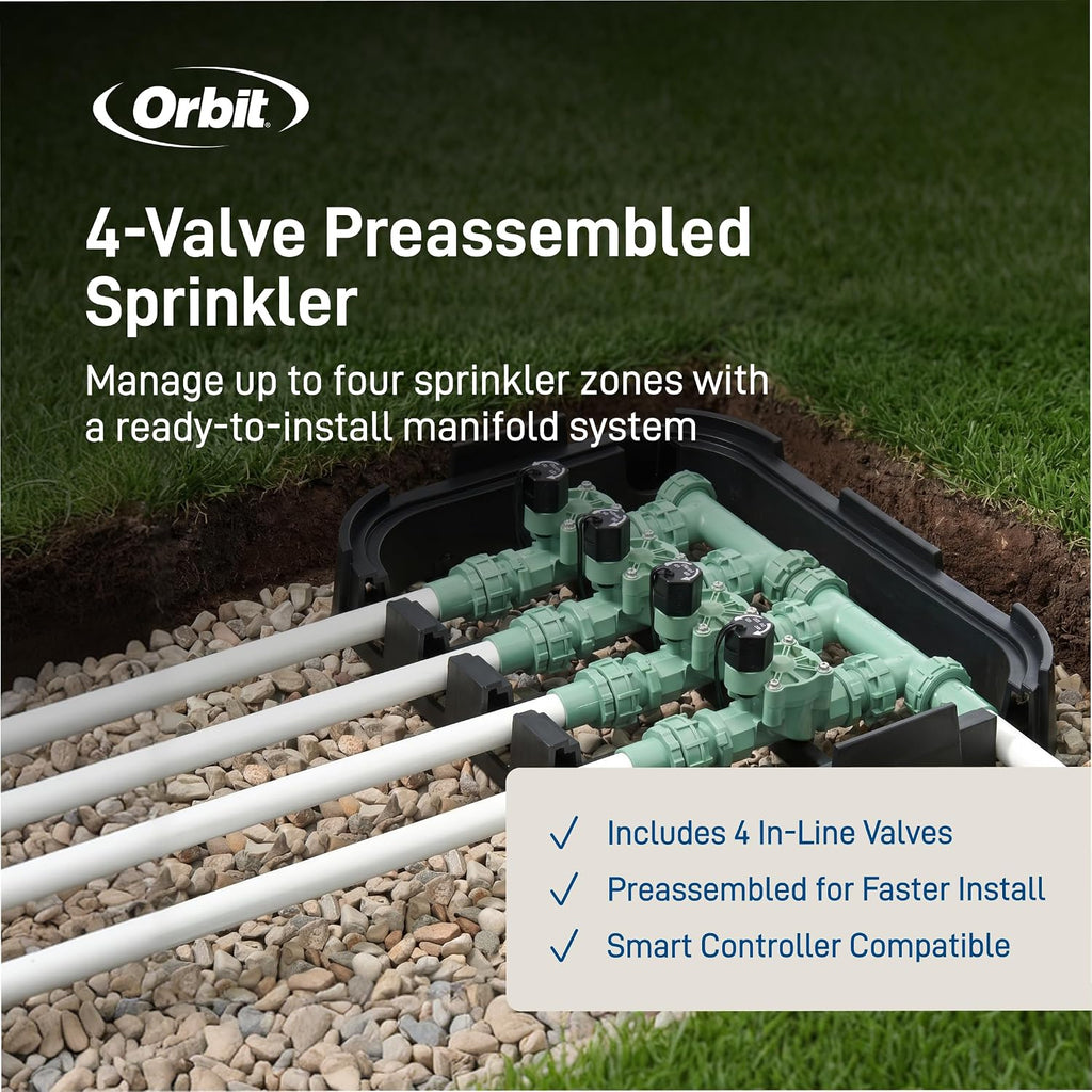 Orbit 57257 4-Valve Preassembled Sprinkler Manifold – Easy Install, Smart Controller Compatible, Works with PVC & Poly