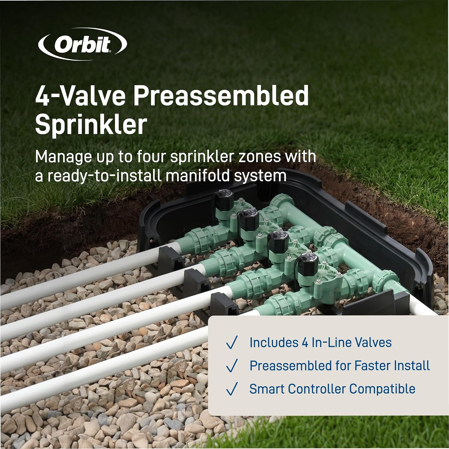 Orbit 57257 4-Valve Preassembled Sprinkler Manifold – Easy Install, Smart Controller Compatible, Works with PVC & Poly