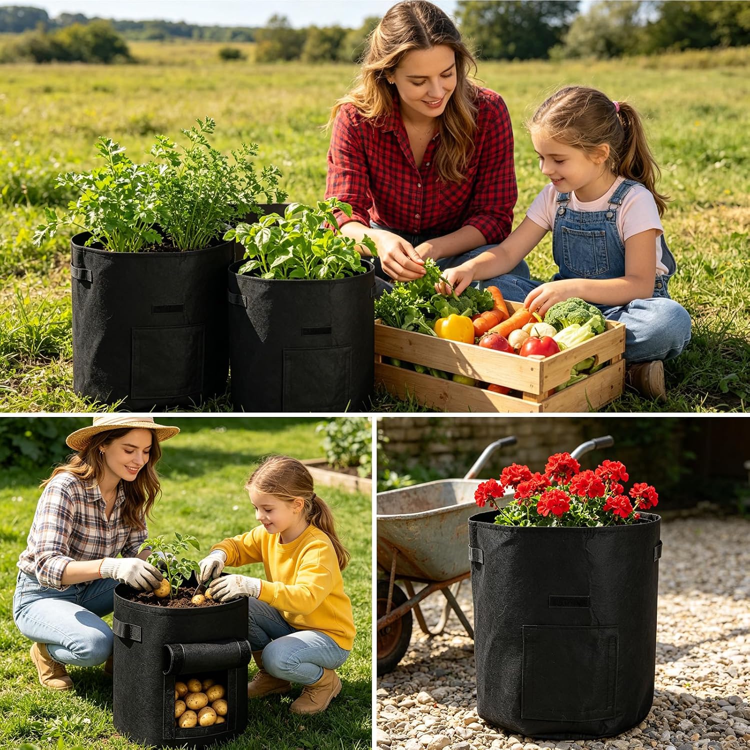 6 Pack Potato Grow Bags (15/10/5 Gallon, 2 of Each) with Harvest Window, Garden Planting Bag with Reinforced Handles
