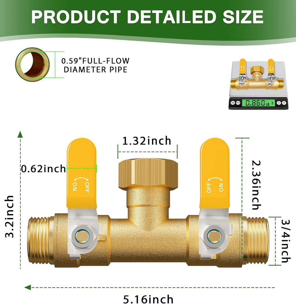 Hose Splitter 2 Way, Heavy Duty Brass Garden Hose Splitter | 0.59" Full Flow Ball Valve Outlet, Shut-Off Valve, 3/4"