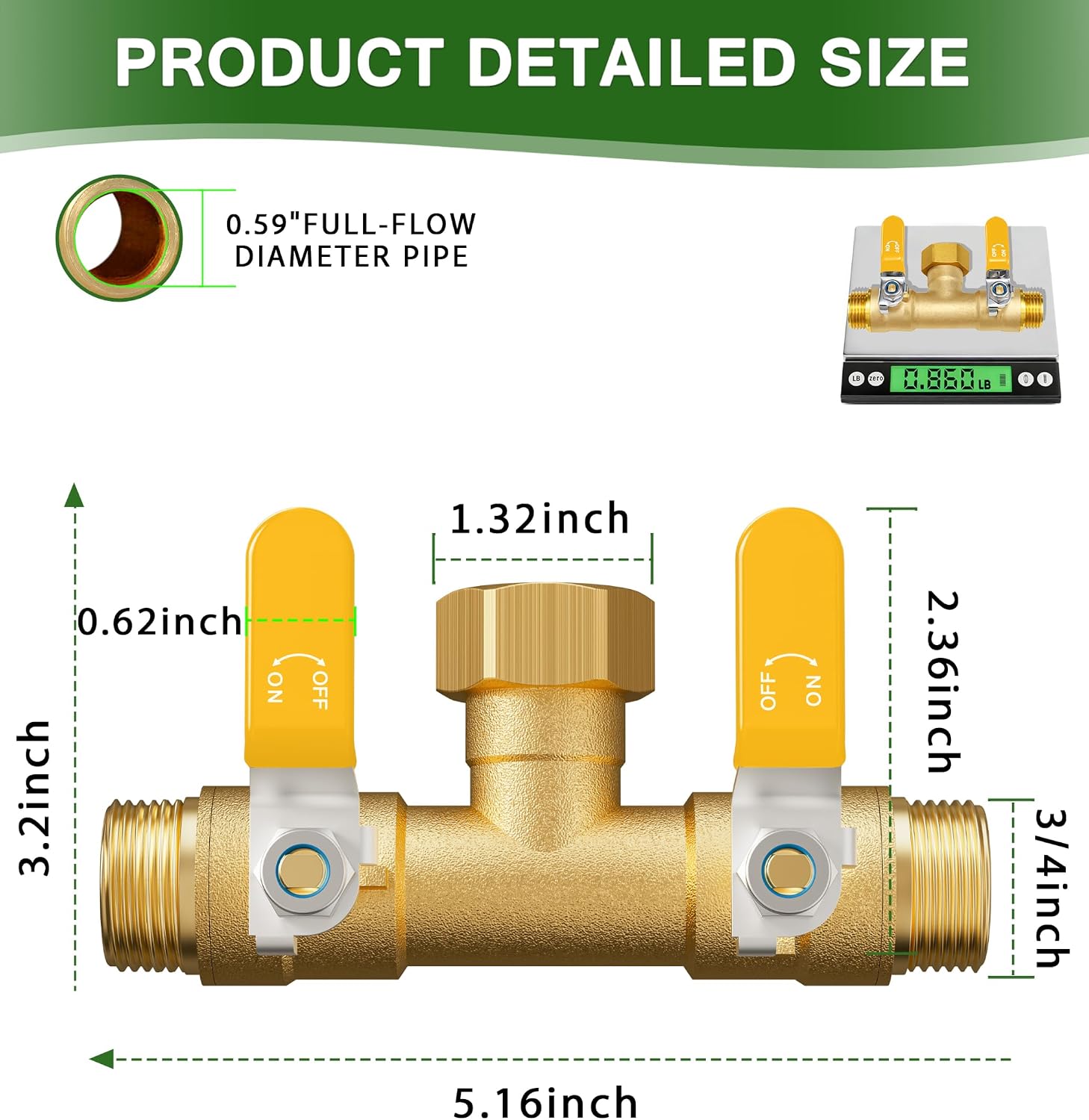 Hose Splitter 2 Way, Heavy Duty Brass Garden Hose Splitter | 0.59" Full Flow Ball Valve Outlet, Shut-Off Valve, 3/4"