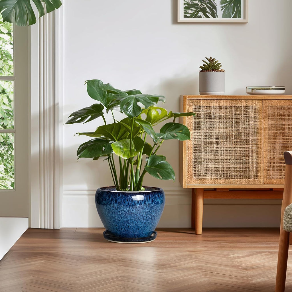 10 Inch Plant Pot, Ceramic Planter with Drainage and Saucer, Blue | Round Planters for Indoor Plants, Modern Planter