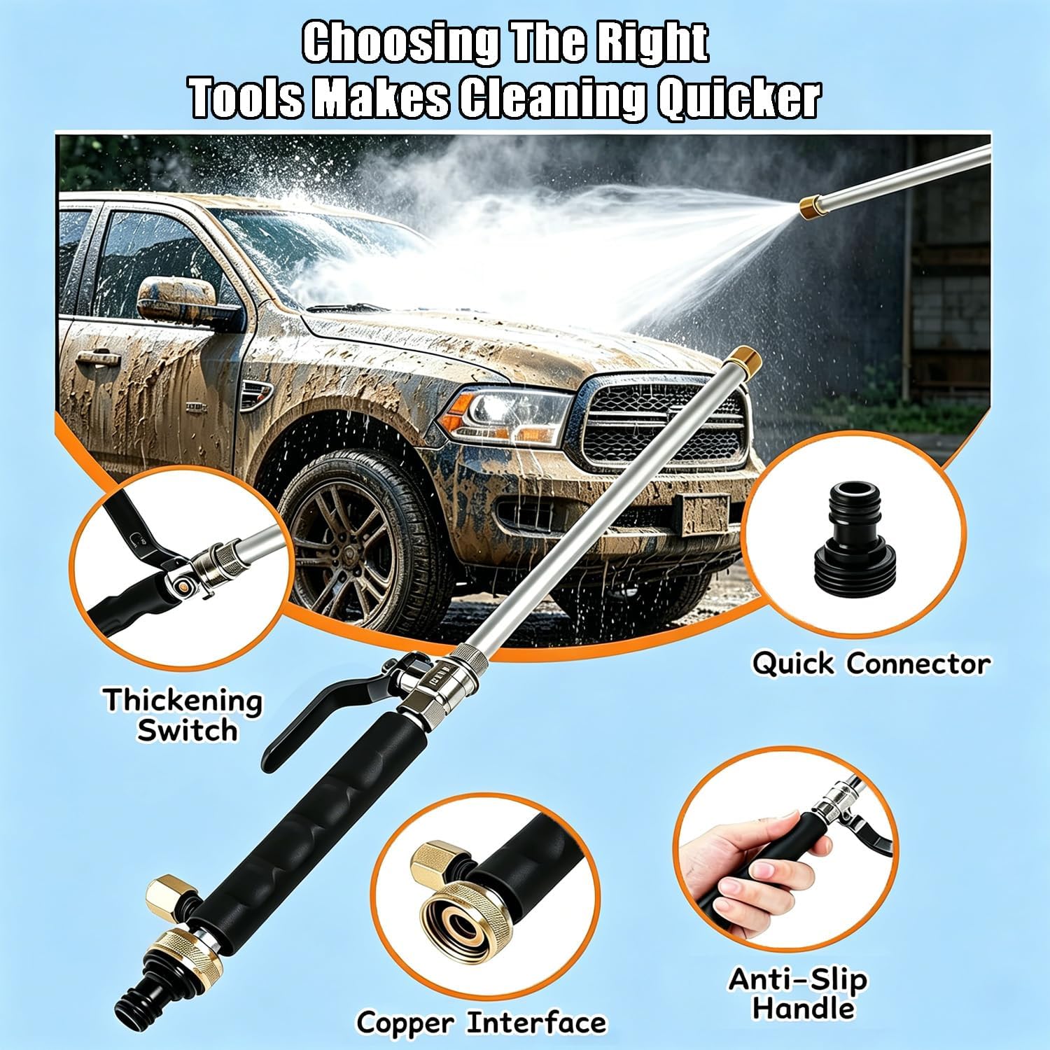 2026 Upgraded Jet Nozzle Power Washer for Garden Hose Cleaning Wand Set | with 3 Interchangeable Nozzles for Car