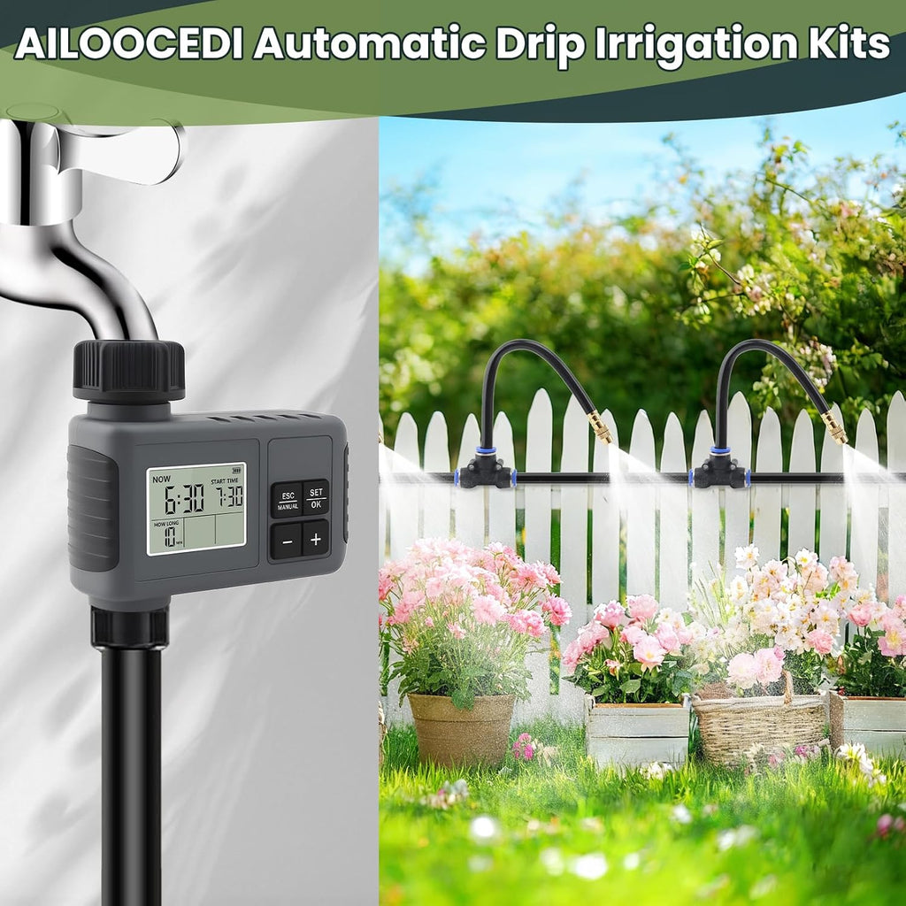 100FT Automatic Drip Irrigation Kits with Water Timer - Garden Watering System with 360° Bendable Spray Adjustable